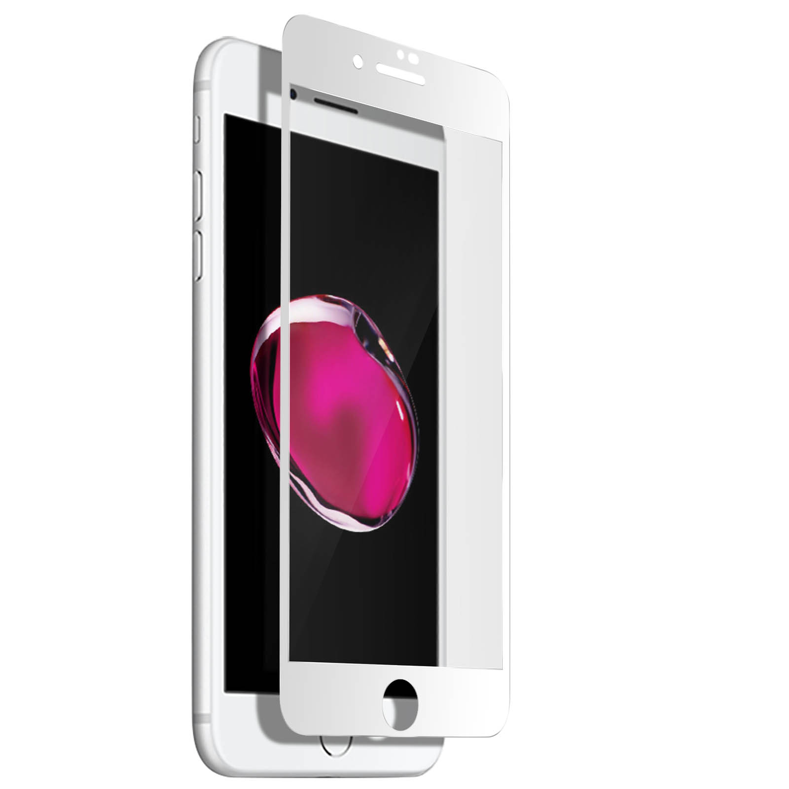 Een witte smartphone met een schermbeschermer. Het scherm toont een roze, glanzende bel. Witte achtergrond.