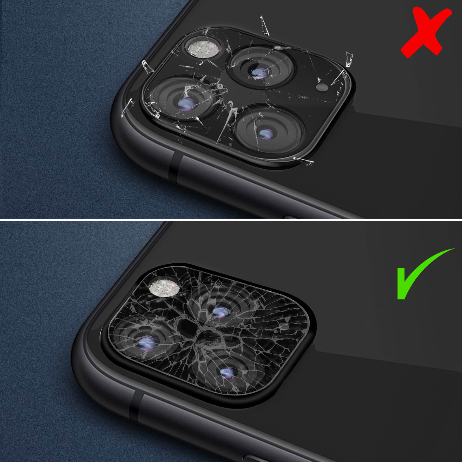L'immagine mostra una fotocamera del telefono danneggiata con una 'X' rossa e una riparata con un segno di spunta verde.