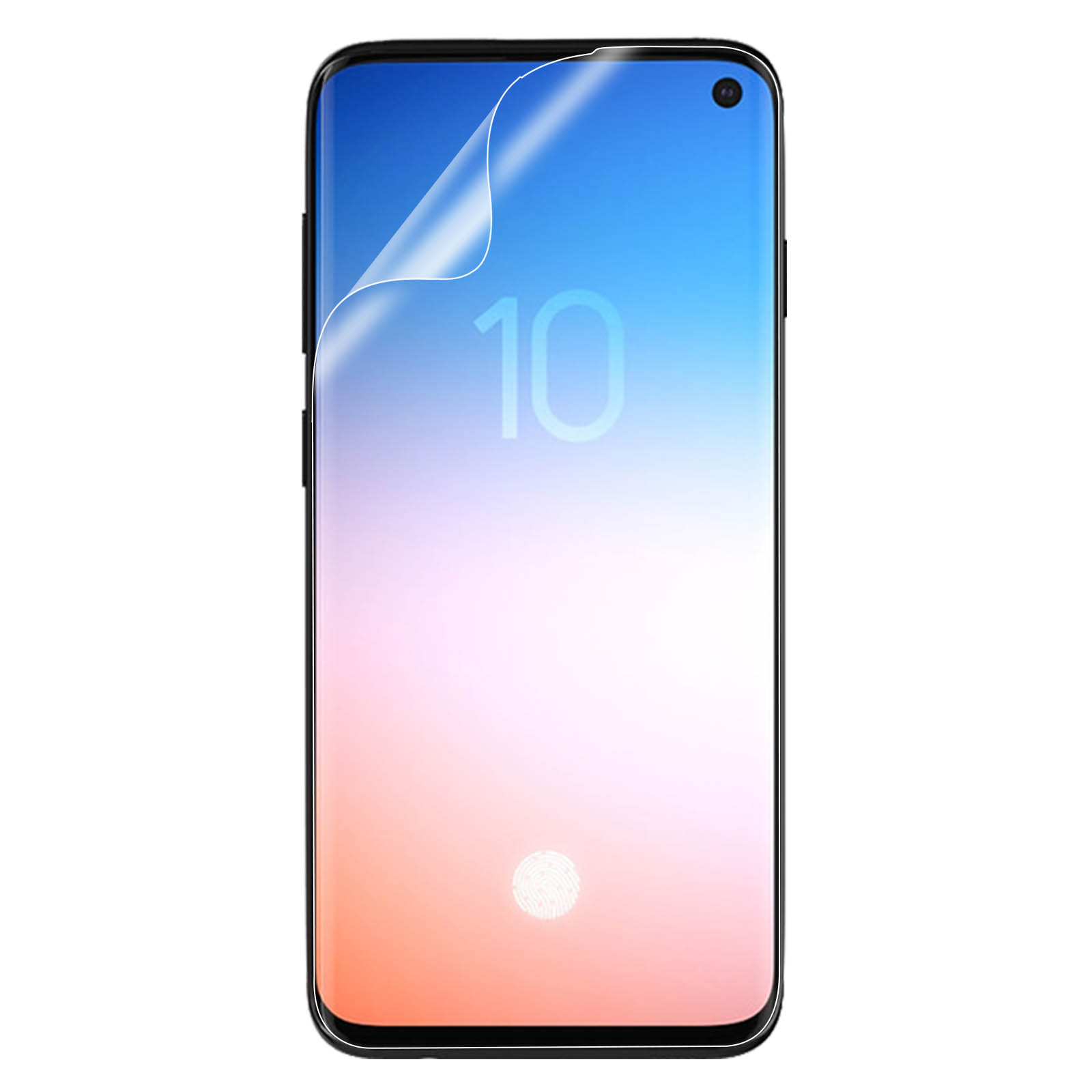 Smartphone avec protecteur d'écran appliqué, icône d'empreinte digitale, dégradé rose et bleu clair.