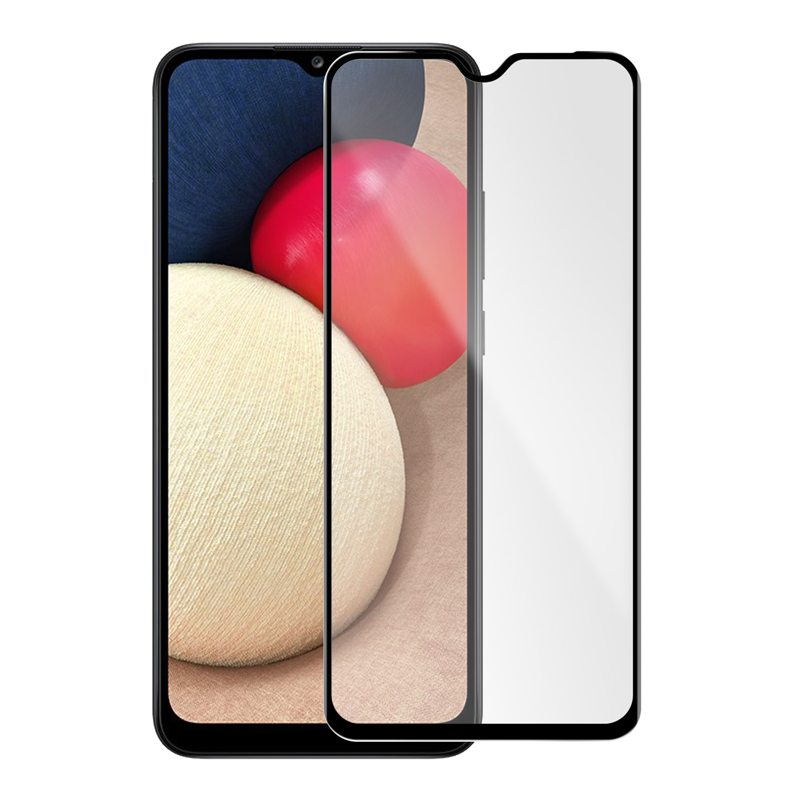 Uno smartphone con protezione schermo. Il telefono mostra un'area blu scuro con una forma rossa e beige su sfondo bianco.