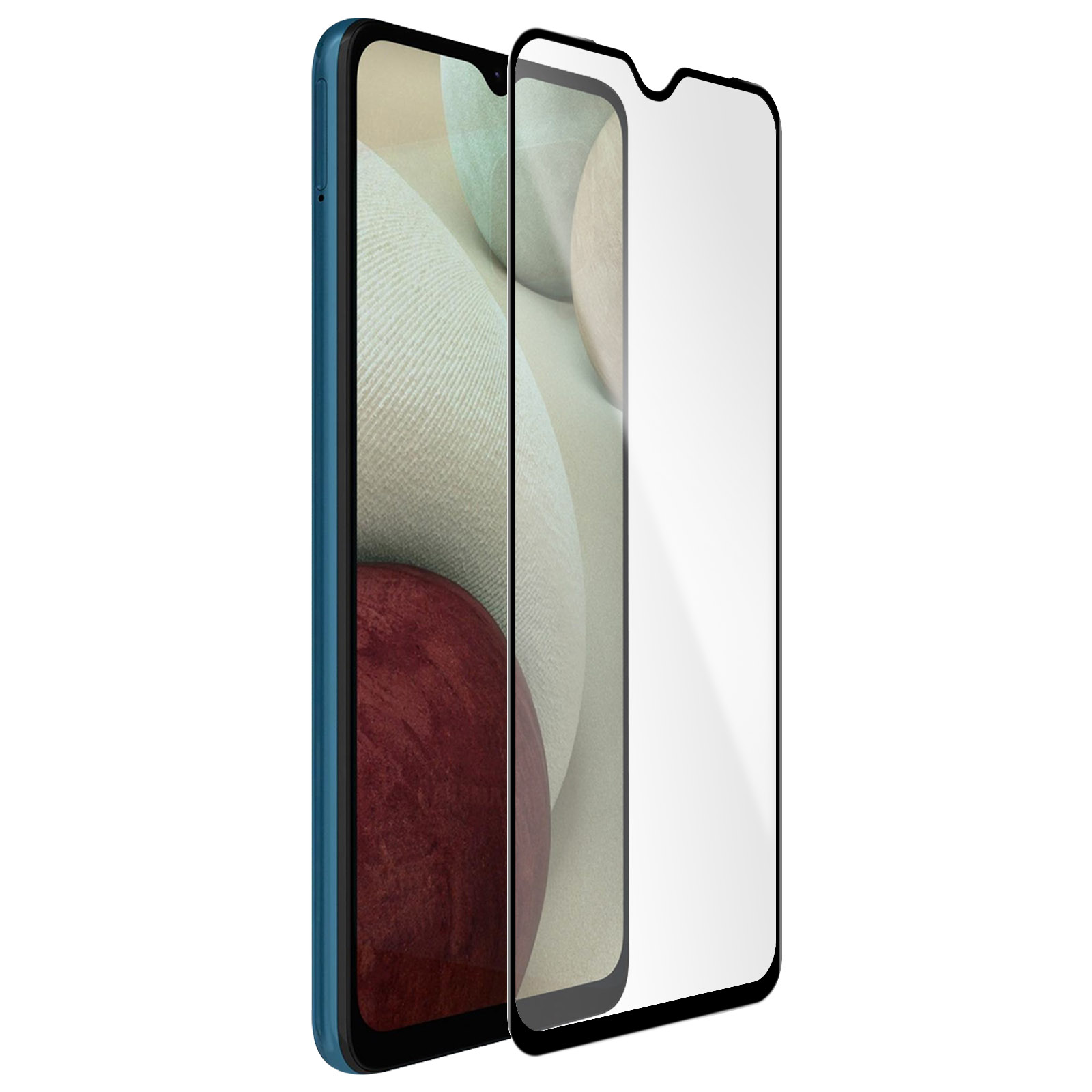Uno smartphone blu con protezione schermo. Il telefono ha uno schermo rosso scuro e un protettore trasparente.