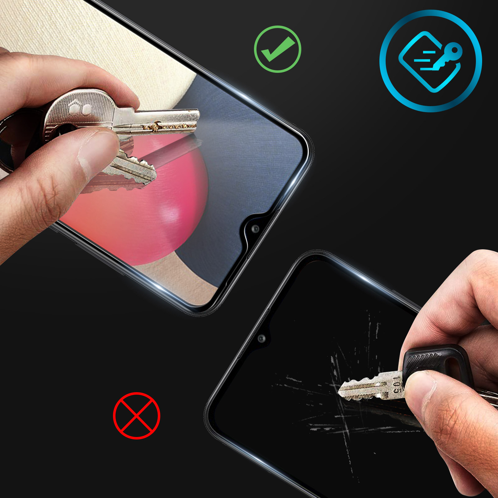 L'immagine mostra lo schermo di un telefono. Le chiavi vengono utilizzate per testare la resistenza ai graffi. Uno schermo è protetto, l'altro graffiato.