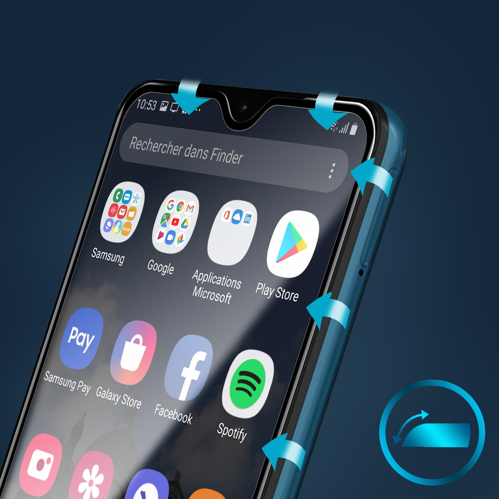 Schermo di smartphone con icone app, ora e barra di ricerca. Frecce evidenziano i bordi. Sfondo blu scuro.