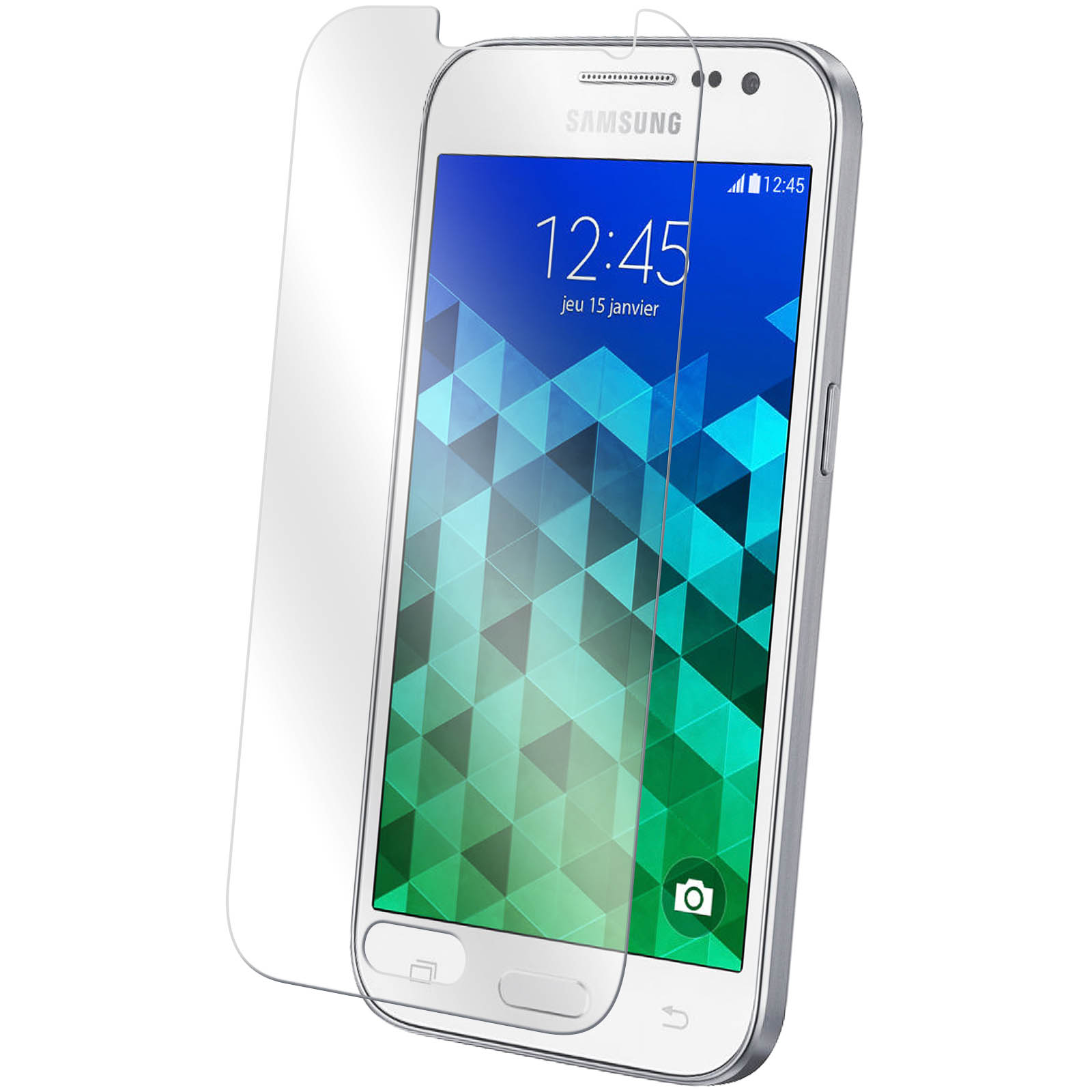 Uno smartphone Samsung con una protezione per lo schermo applicata. Lo schermo mostra l'ora. Sfondo bianco.