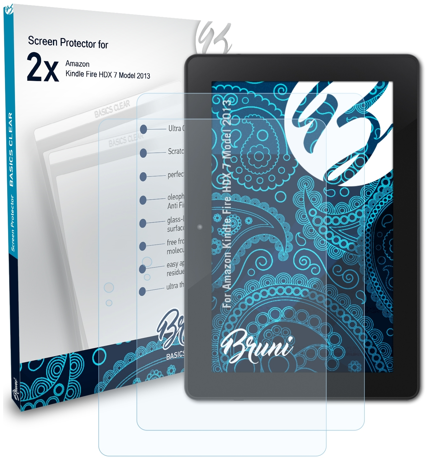 2013)) 7 2x Kindle Schutzfolie(für Basics-Clear Amazon Fire BRUNI (Model HDX
