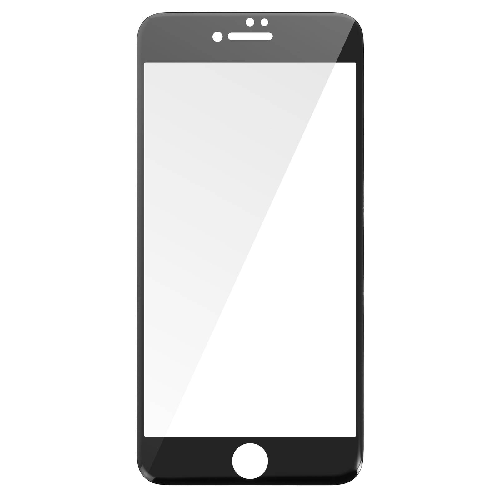 Smartphone nero con schermo bianco. Ha fotocamera frontale e tasto home, sfondo bianco.