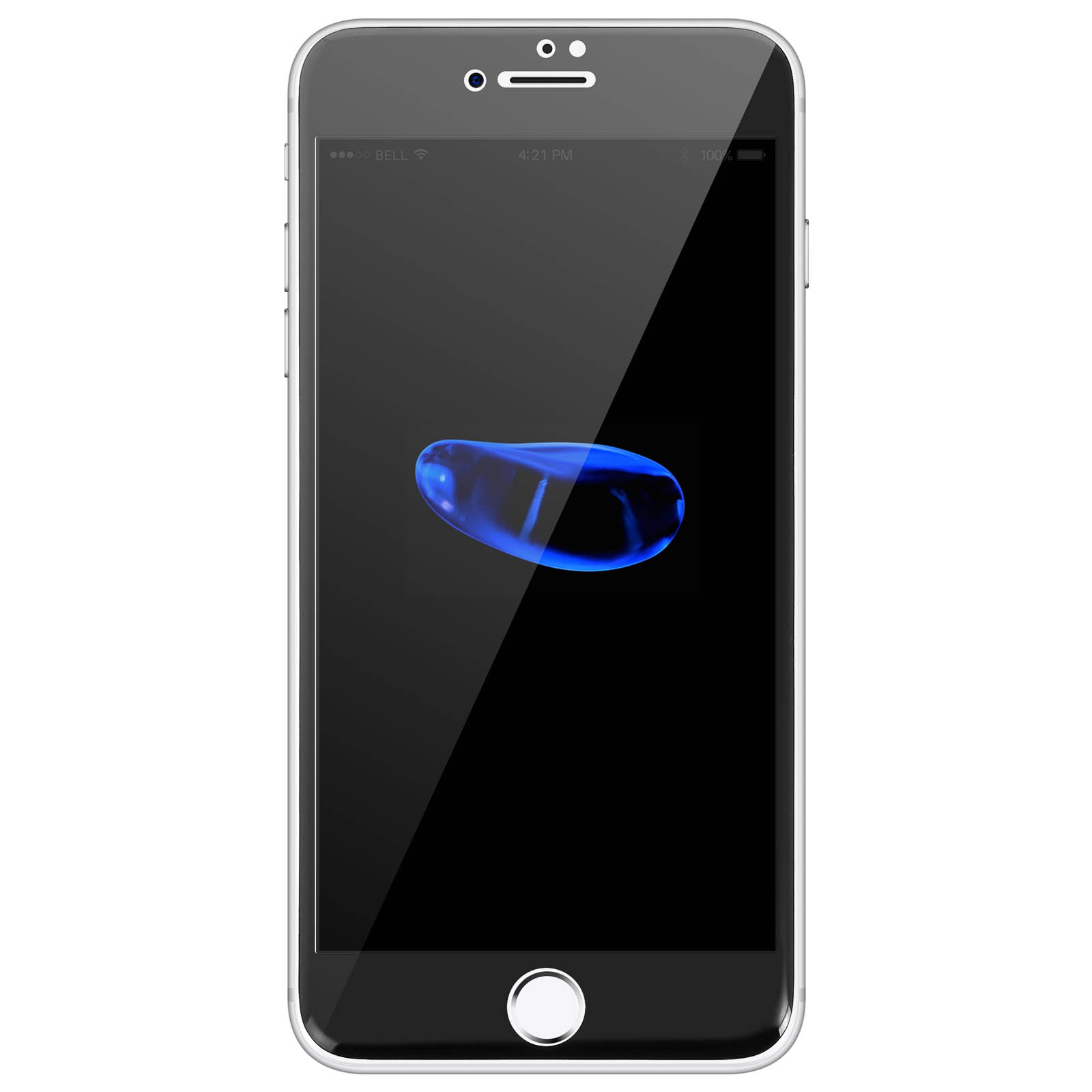 Un telefono nero con una protezione per lo schermo. Lo schermo mostra un'immagine blu. Il telefono è su una superficie bianca.