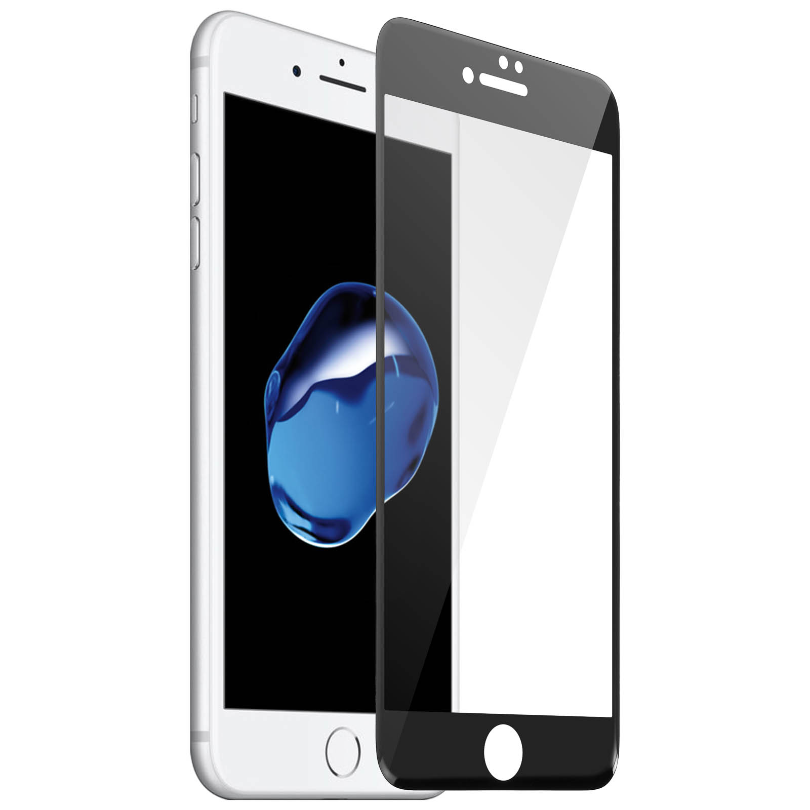Un telefono bianco con protezione schermo nera su sfondo bianco.