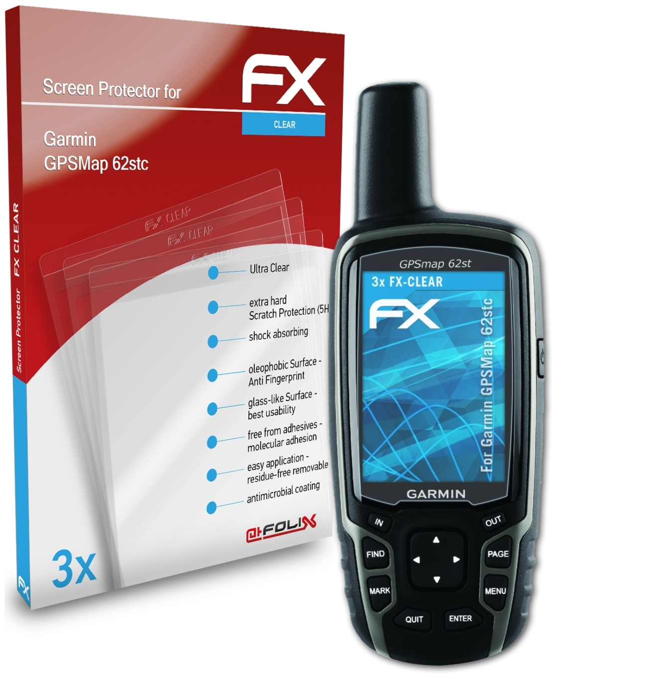 ATFOLIX 3x FX-Clear Displayschutz(für 62stc) Garmin GPSMap