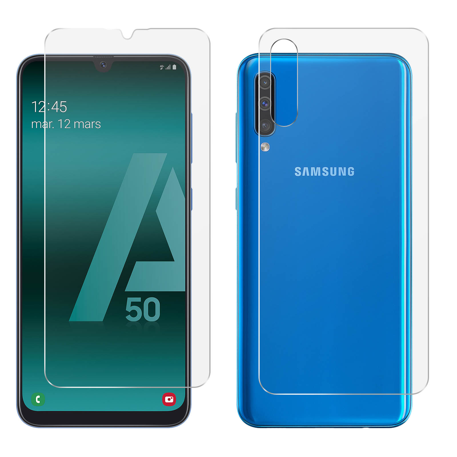Due smartphone, vista anteriore e posteriore, con protezioni per lo schermo. Un telefono mostra l'ora e la data. Il retro blu ha la fotocamera e il logo Samsung.