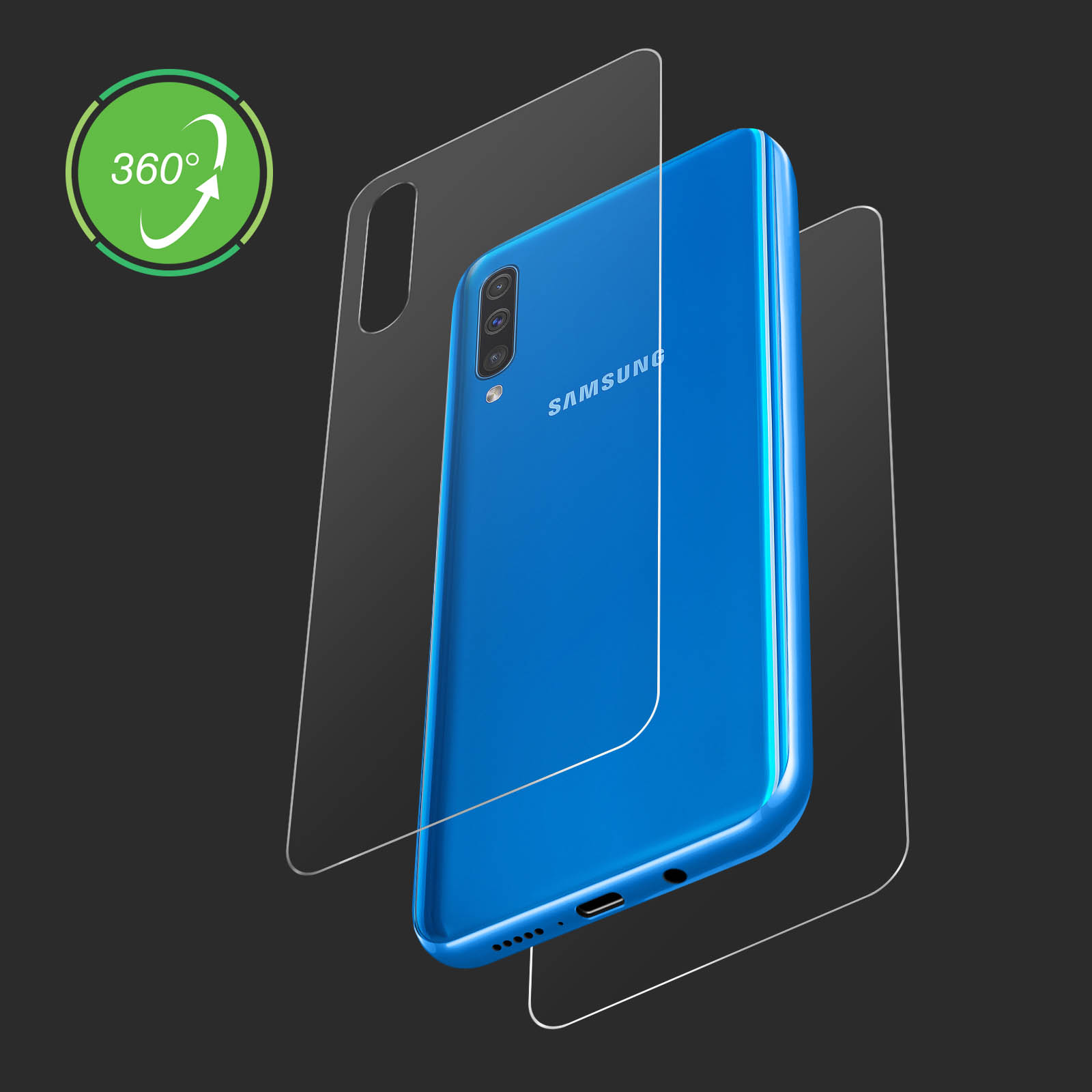Telefono Samsung blu con protezioni schermo. Include il logo 360°.