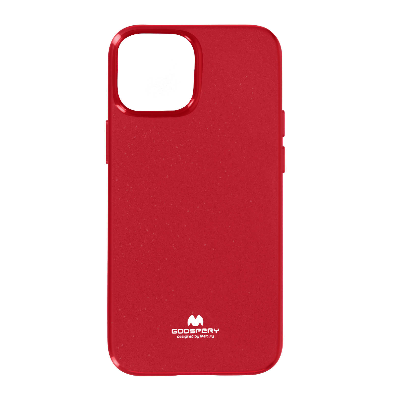 Una custodia per telefono rossa con un foro per la fotocamera e un logo. Ha una superficie strutturata.