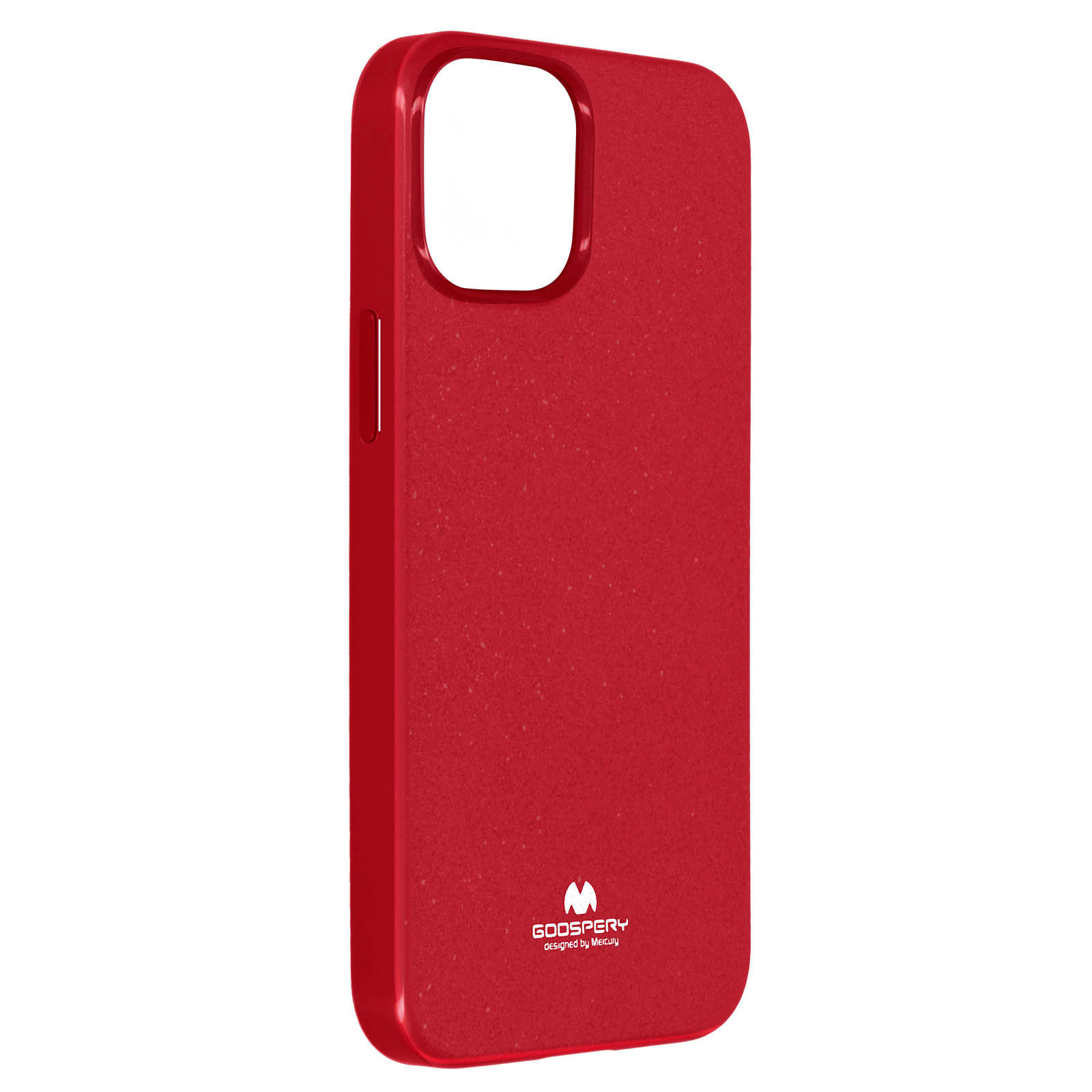Custodia per telefono rossa. Un ritaglio per la fotocamera e un logo in basso.