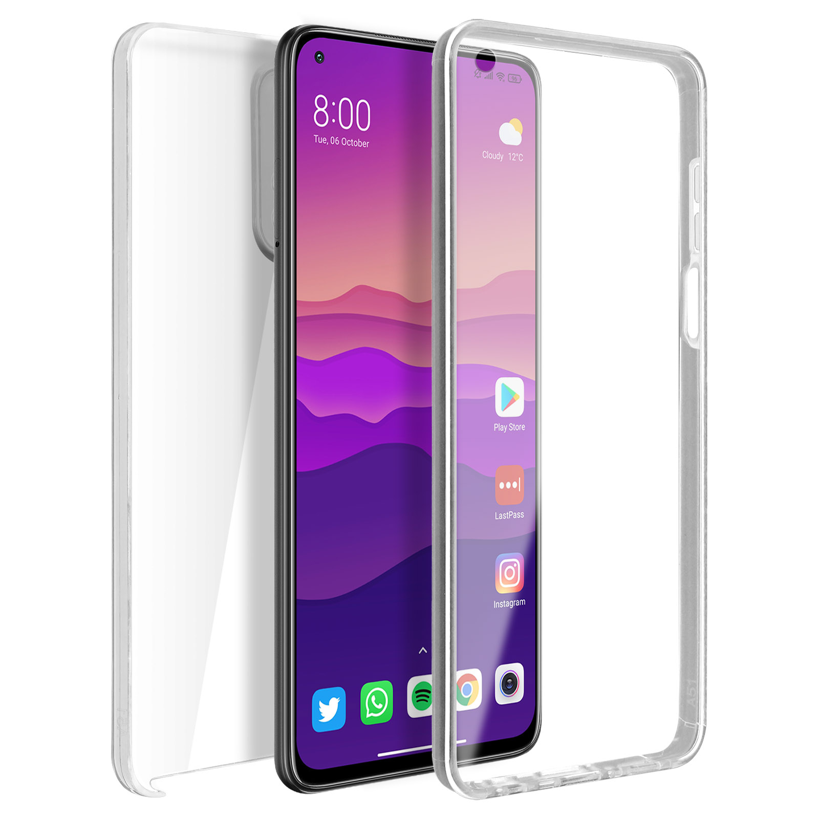 Smartphone con custodia e schermo trasparenti. Lo schermo mostra una schermata iniziale con app.