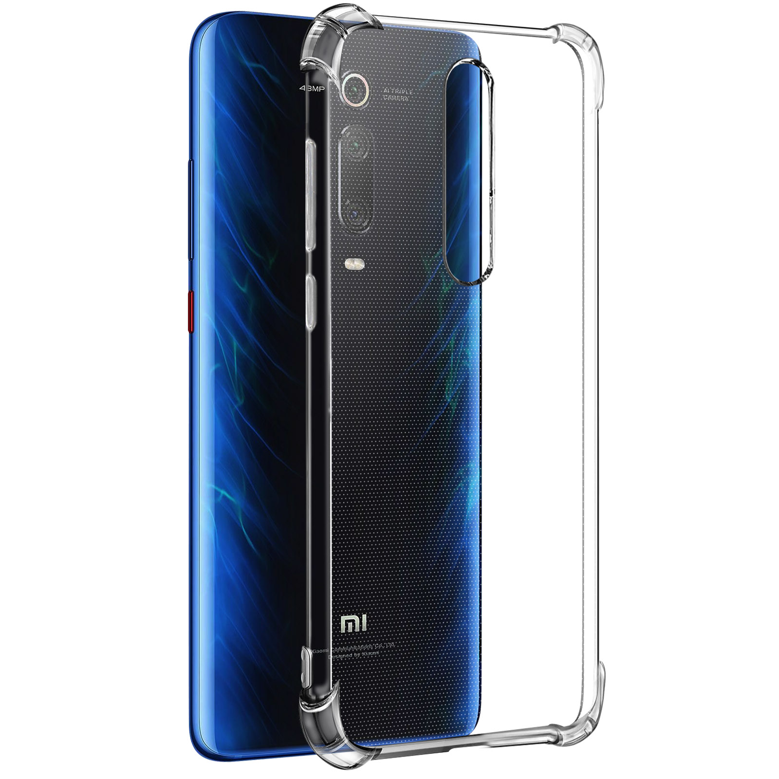 Un telefono in una custodia trasparente. Il telefono è blu e nero. La custodia copre il telefono.