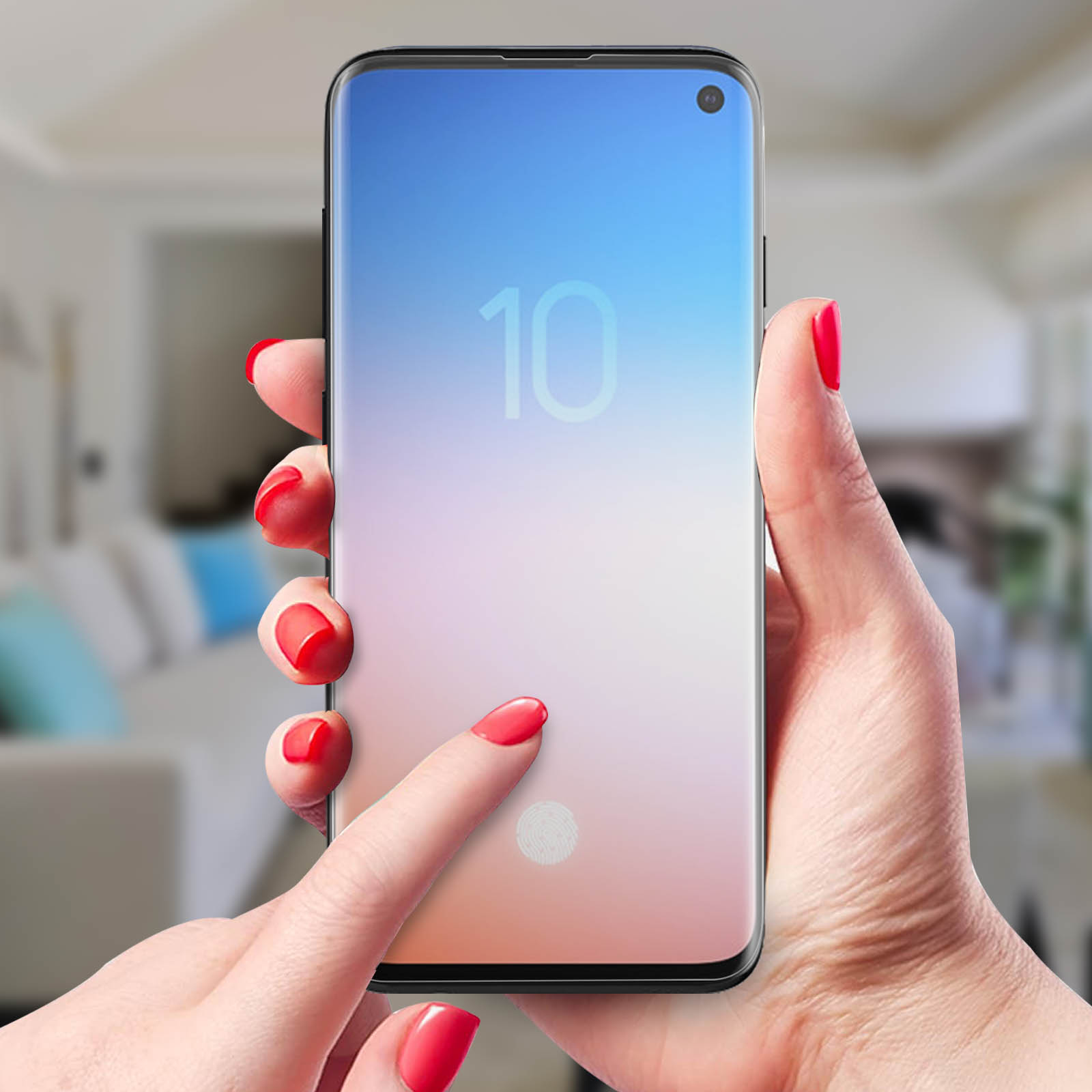 Mani di una persona con unghie rosse che toccano lo schermo di un telefono con il numero 10.
