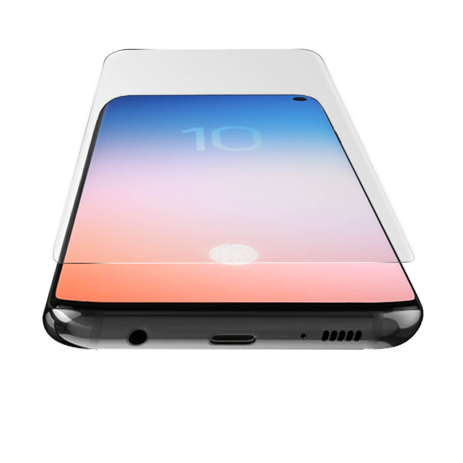 Un telefono su una custodia con una protezione per lo schermo, il telefono ha uno schermo con ora e data.
