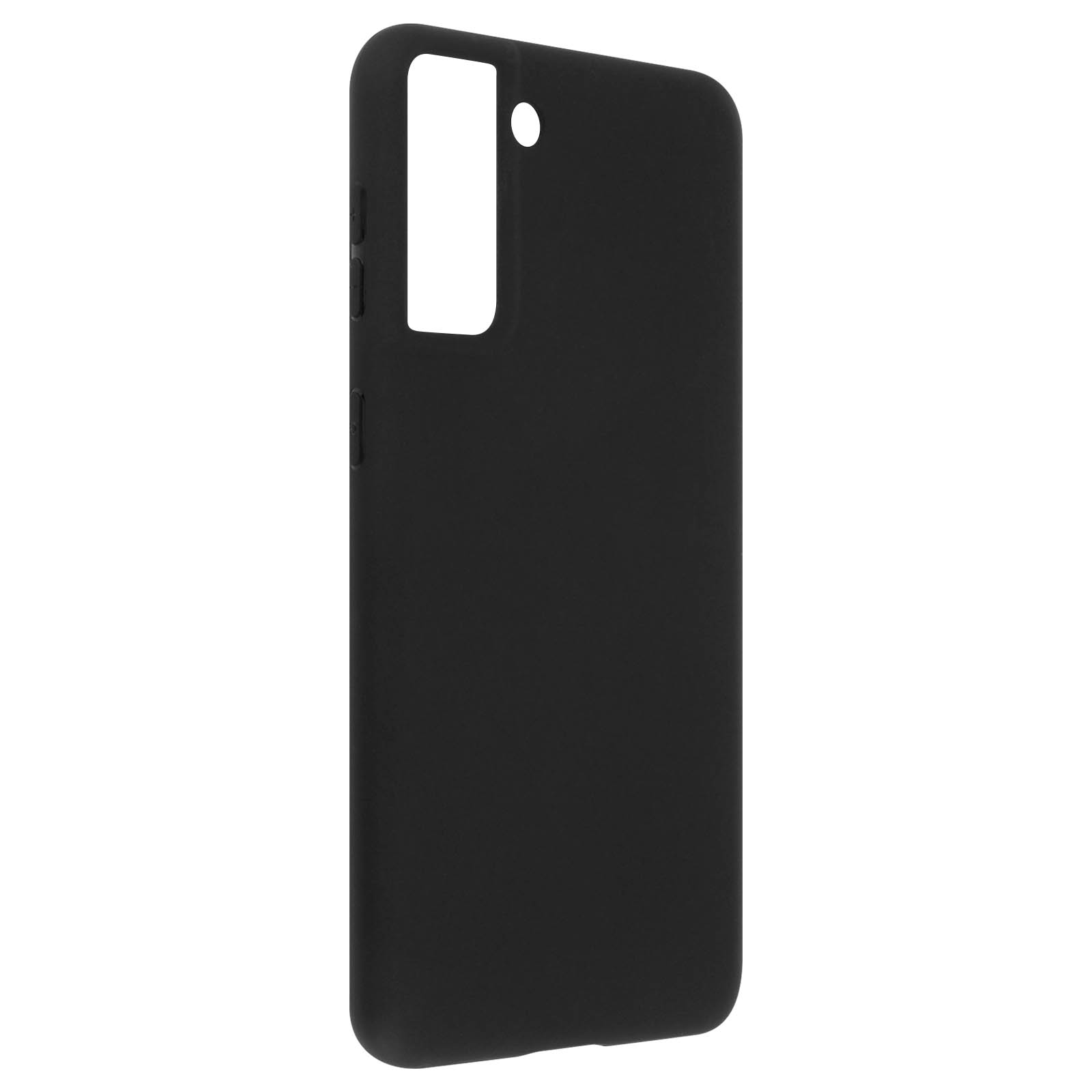 Coque de téléphone noire avec découpe caméra et boutons latéraux, fond blanc.