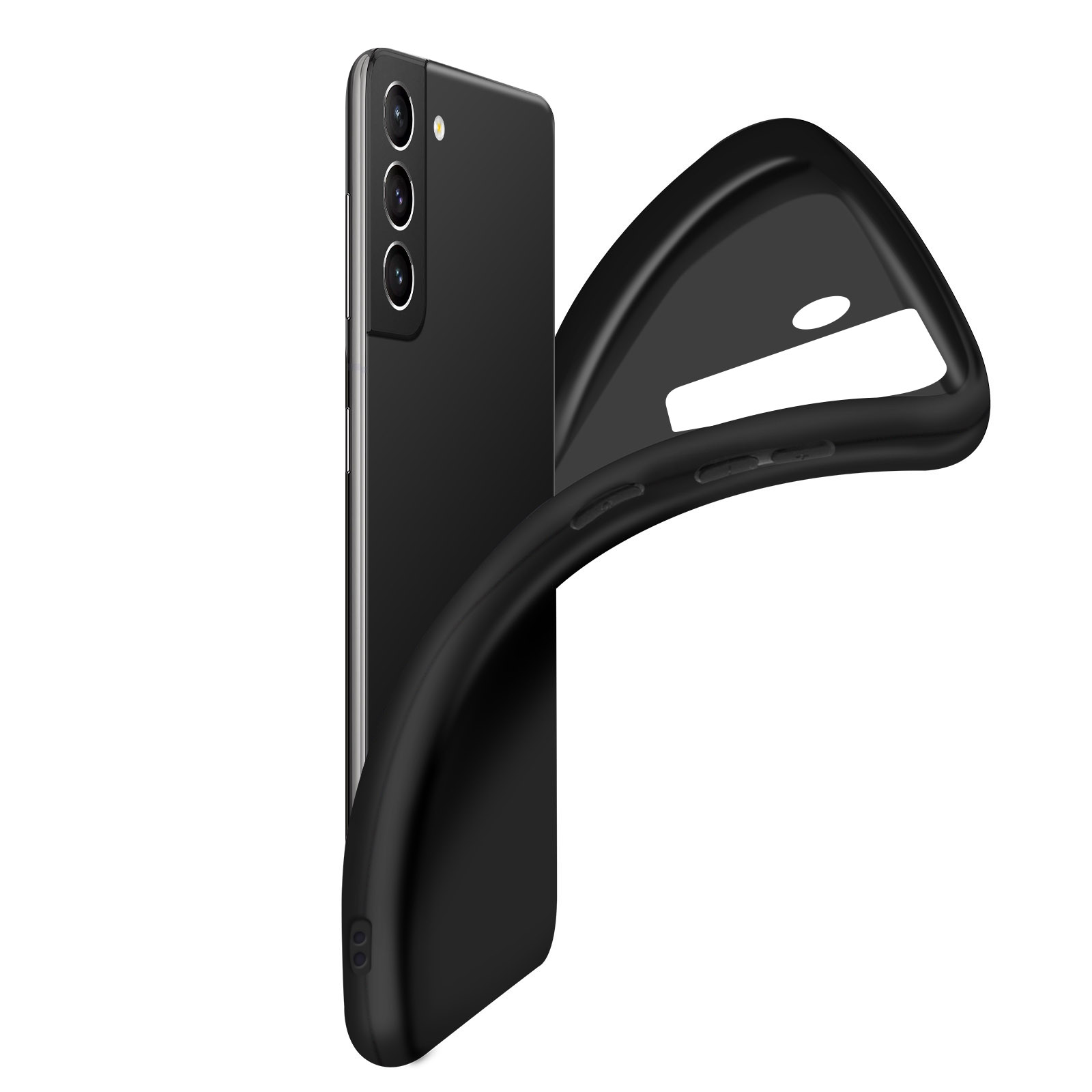 Téléphone noir avec un étui noir qui est retiré. Le téléphone possède trois caméras.