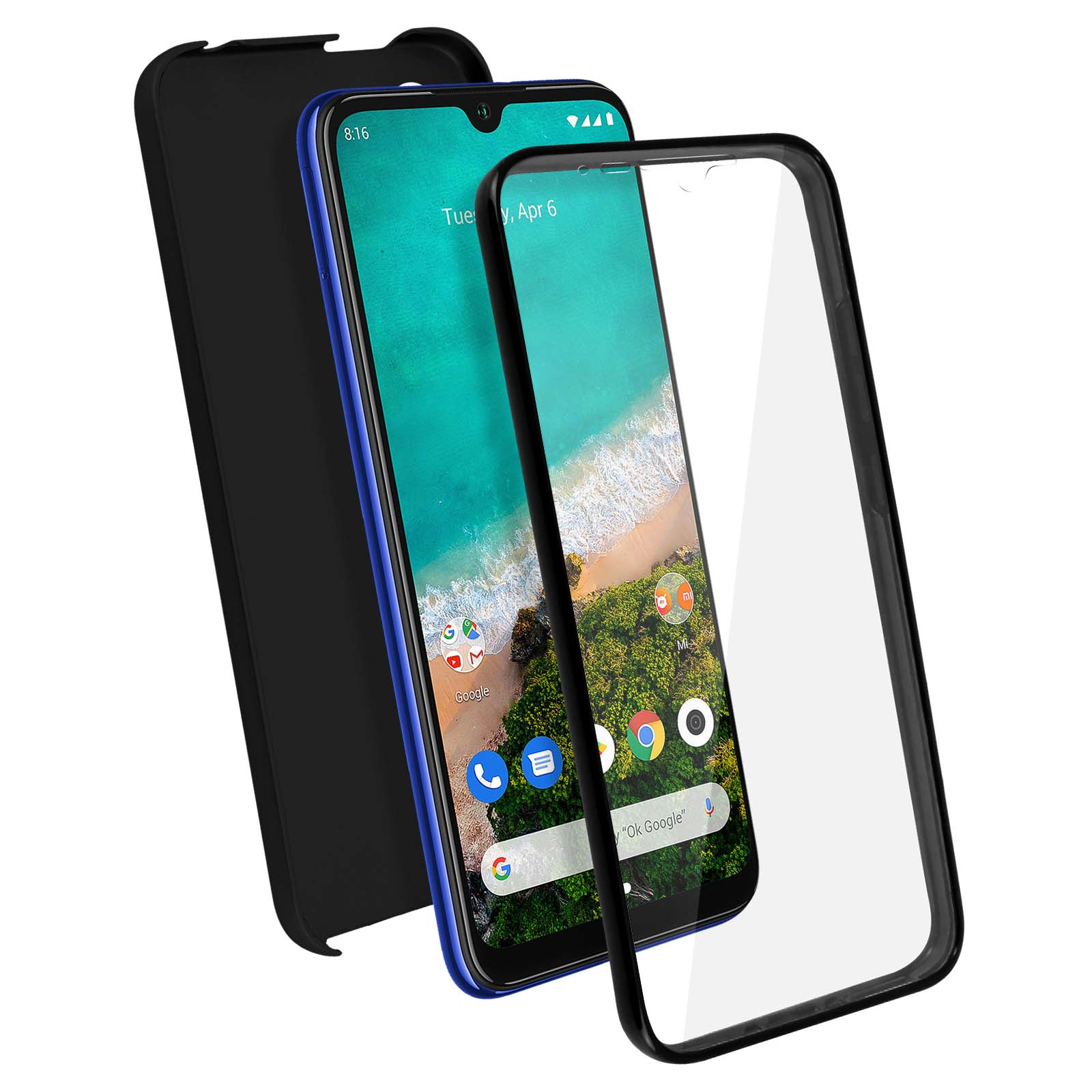 Smartphone met hoesje en schermbeschermer. Telefoon toont apps en Google-zoekbalk, met hoesje en beschermer.