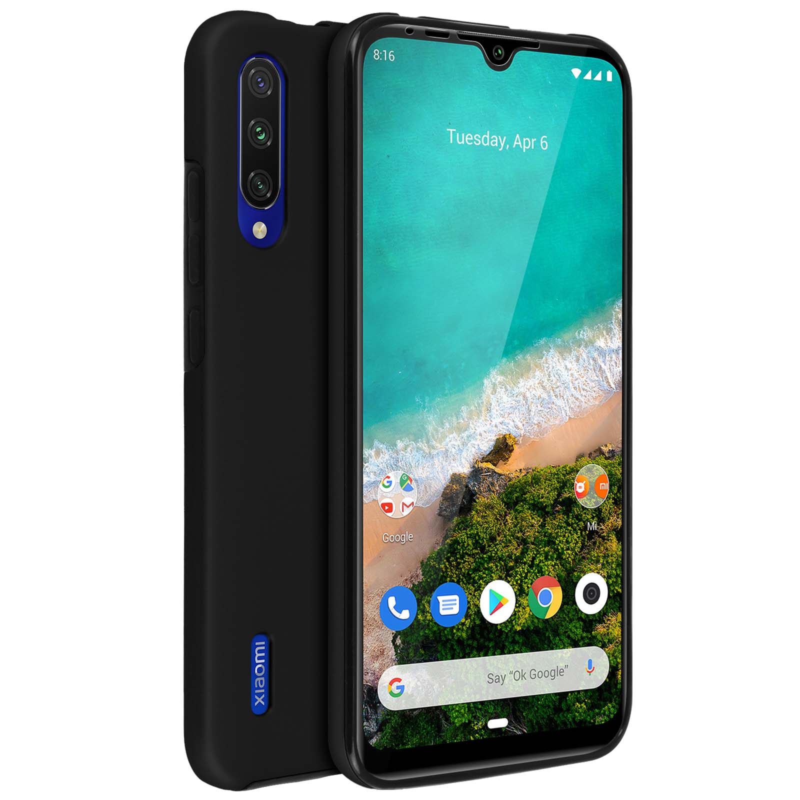 Een zwarte telefoonhoes met een Xiaomi-logo, met een zwarte telefoon met app-iconen.