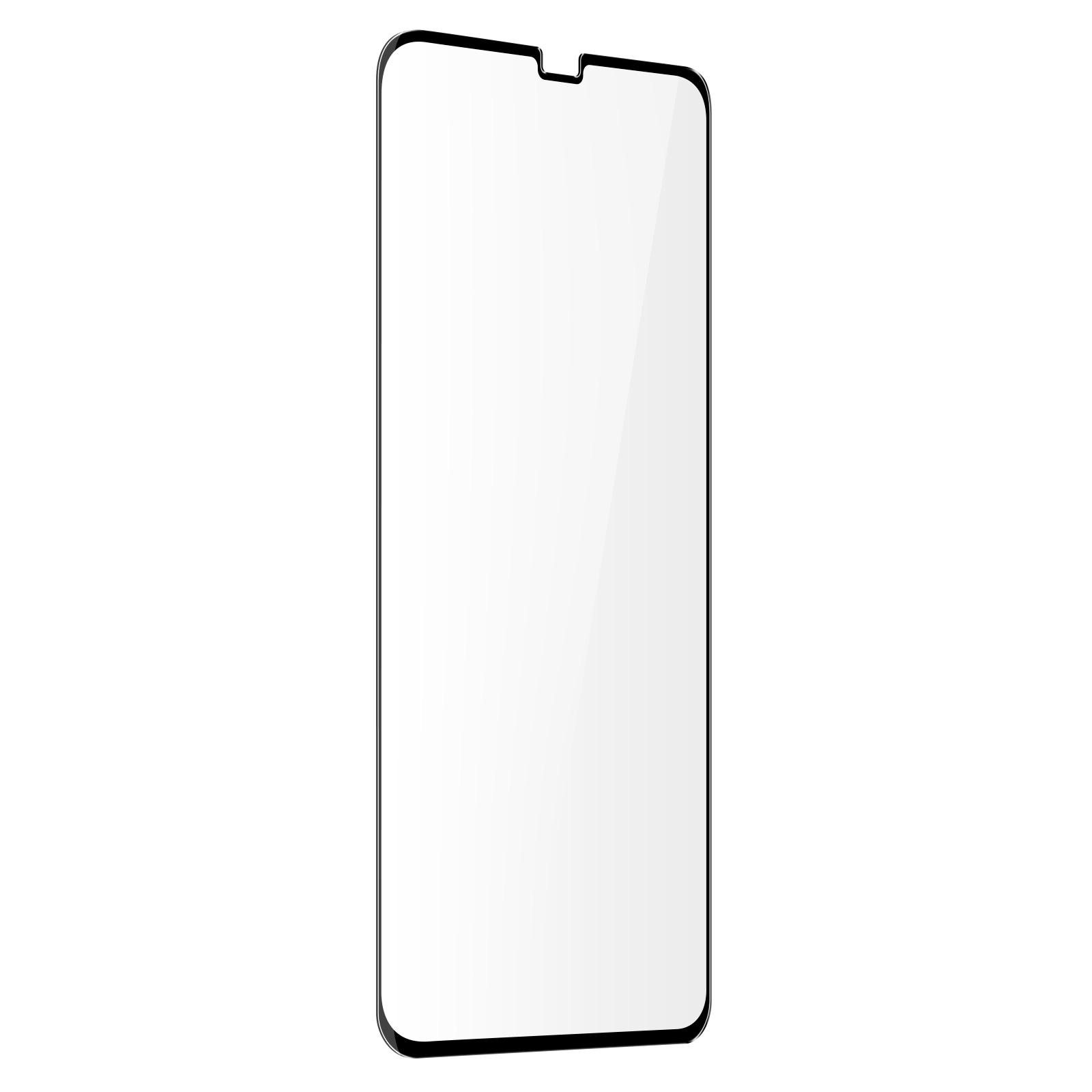 Protezione schermo per telefono, con cornice nera e superficie trasparente.