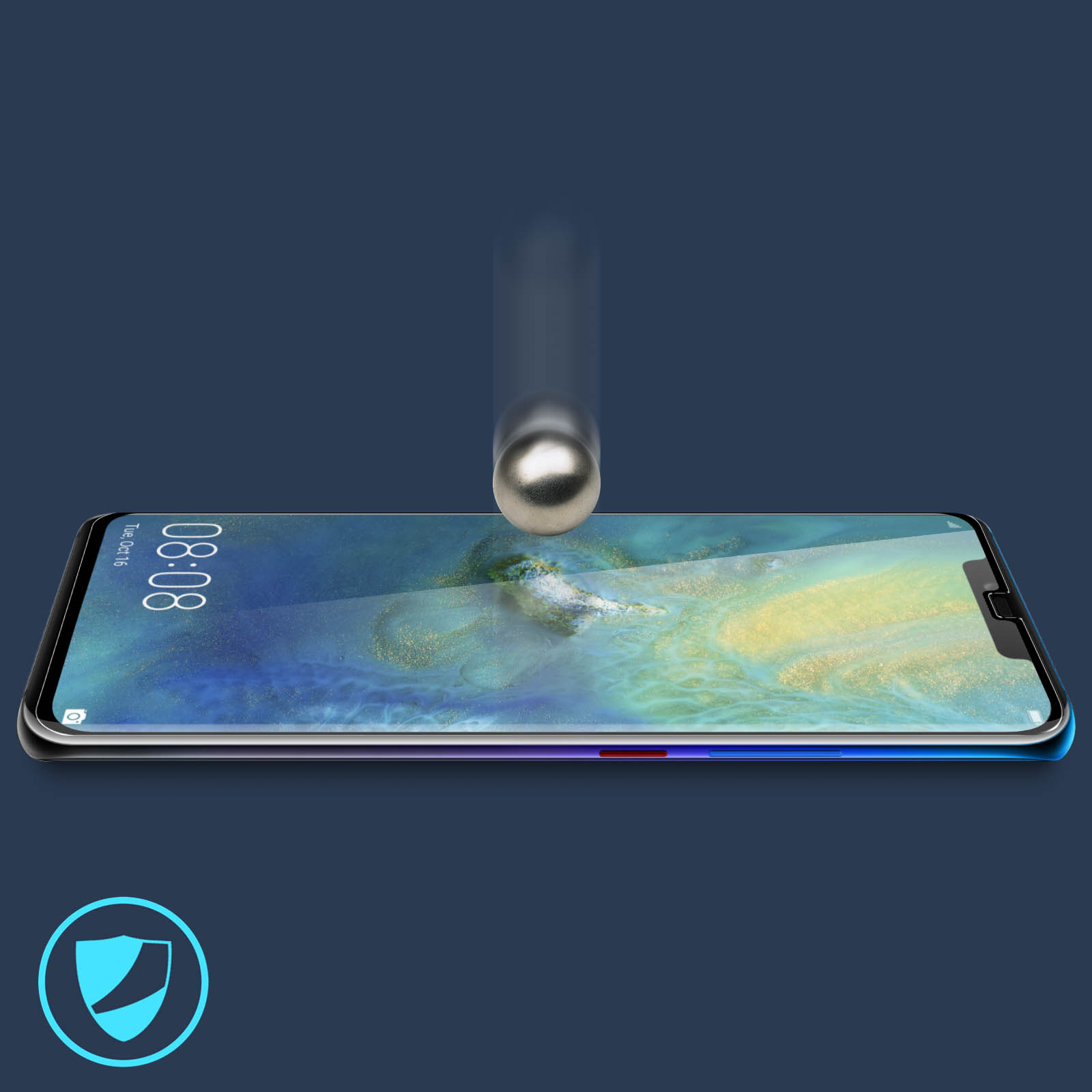 Telefono con protezione schermo. Palla di metallo che cade sullo schermo. Sfondo blu.