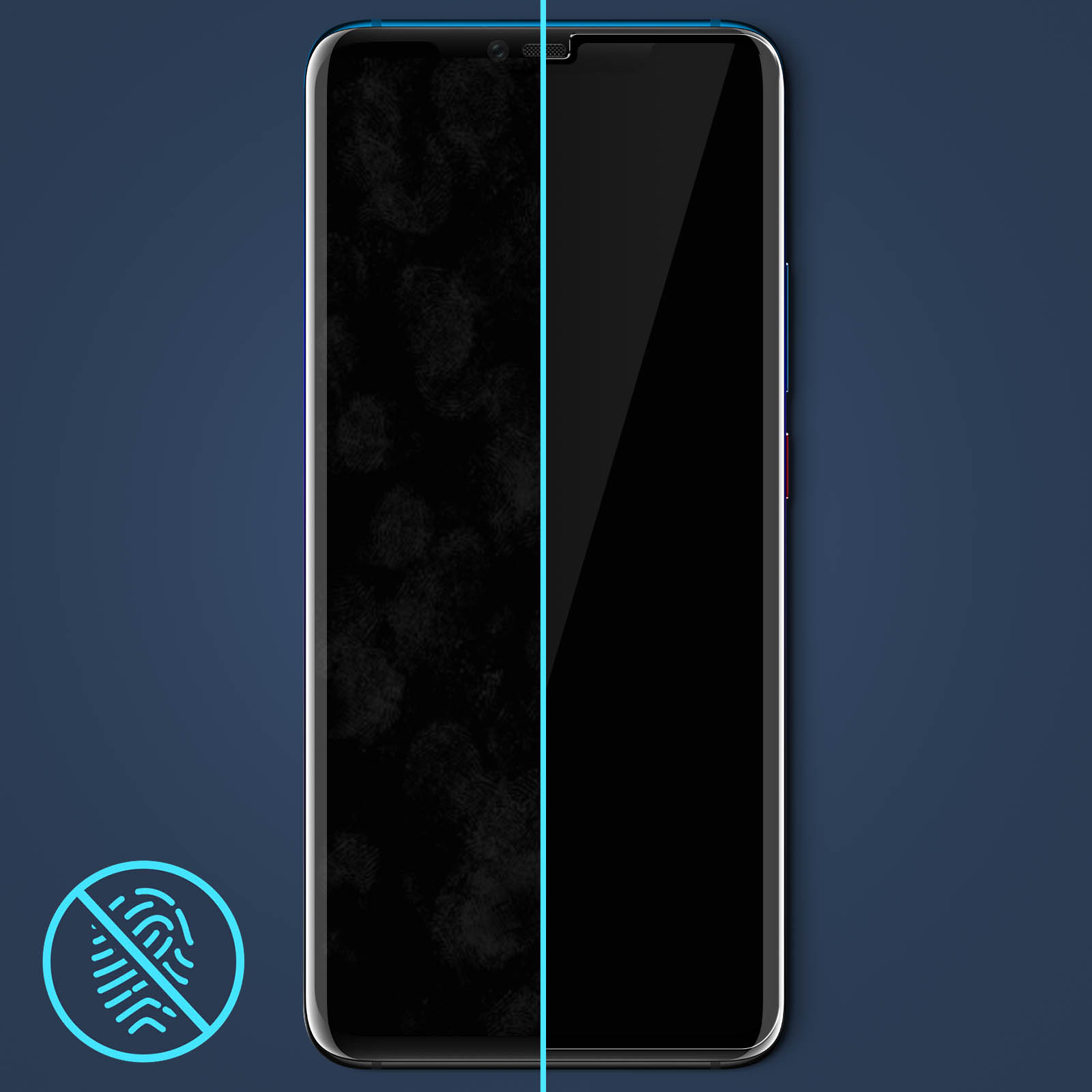 Telefono con protezione schermo. Un lato mostra impronte, l'altro è pulito.
