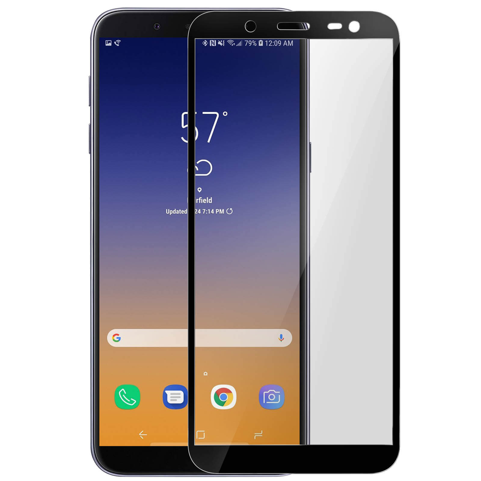 Due smartphone affiancati. Uno ha una protezione per lo schermo. Gli schermi mostrano ora, meteo e icone delle app.