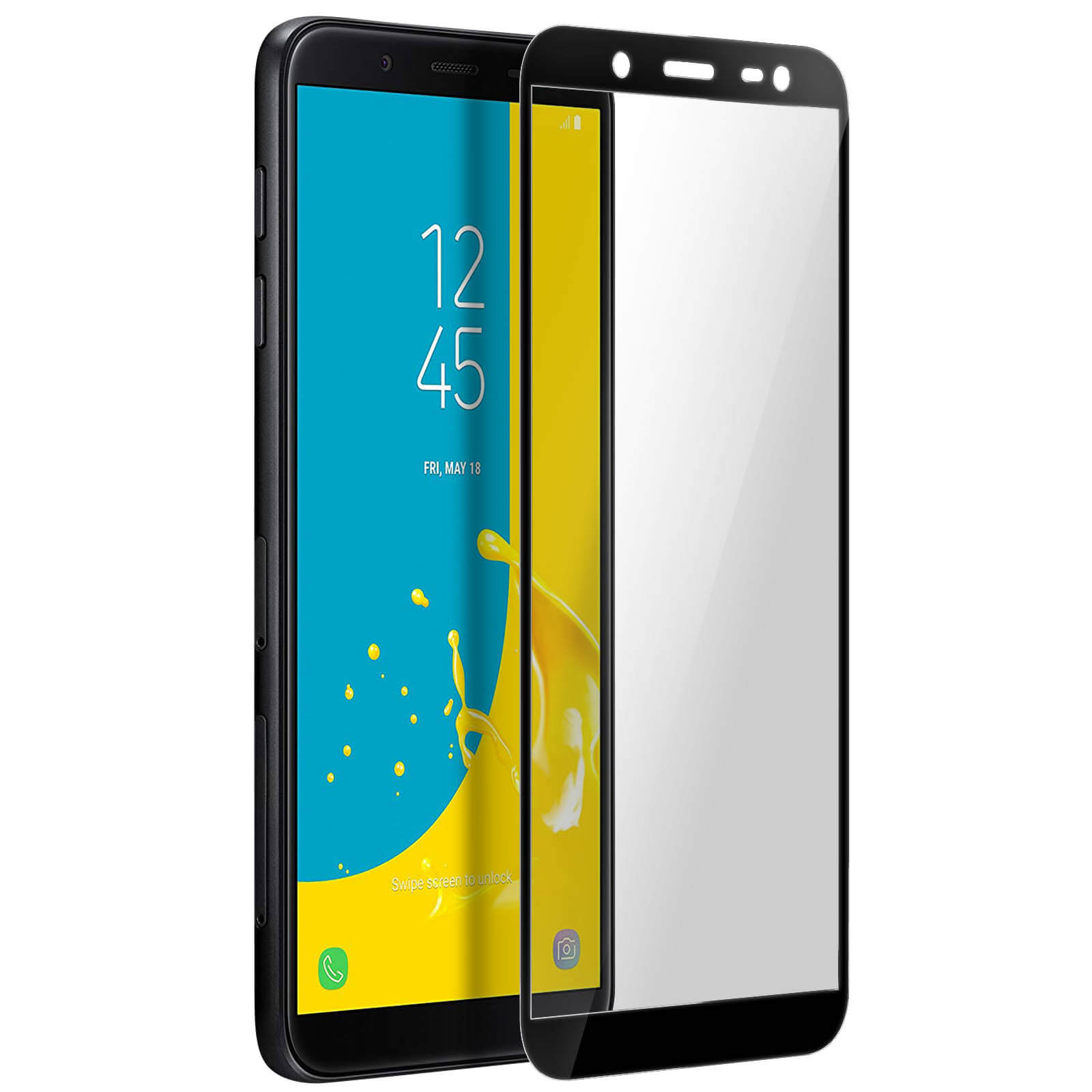 Uno smartphone nero con protezione schermo mostra le 12:45. Lo schermo ha uno sfondo blu.