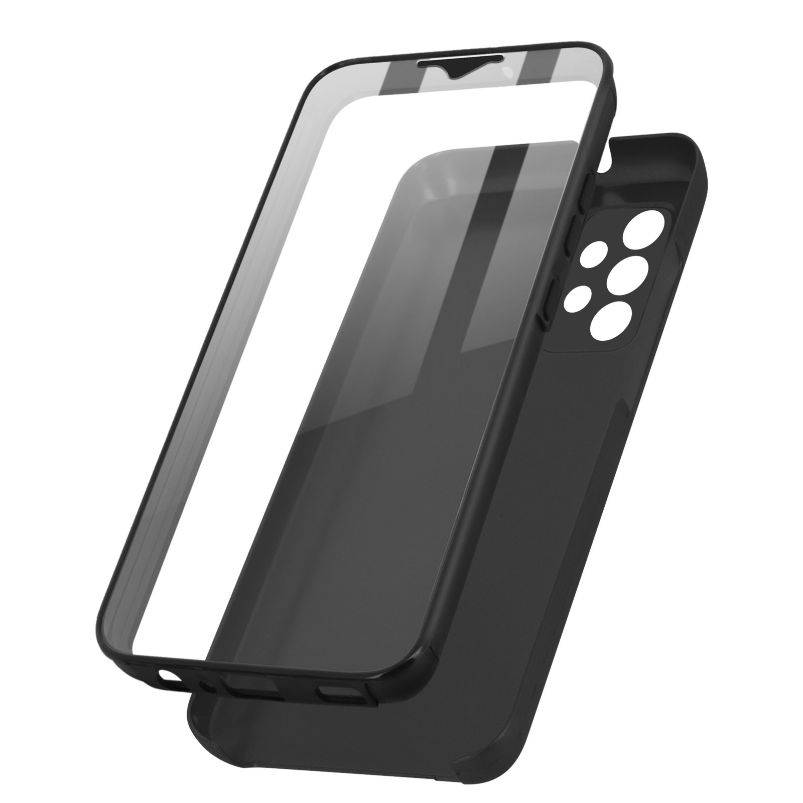 Un étui de téléphone noir et un protecteur d'écran sont affichés sur fond blanc.