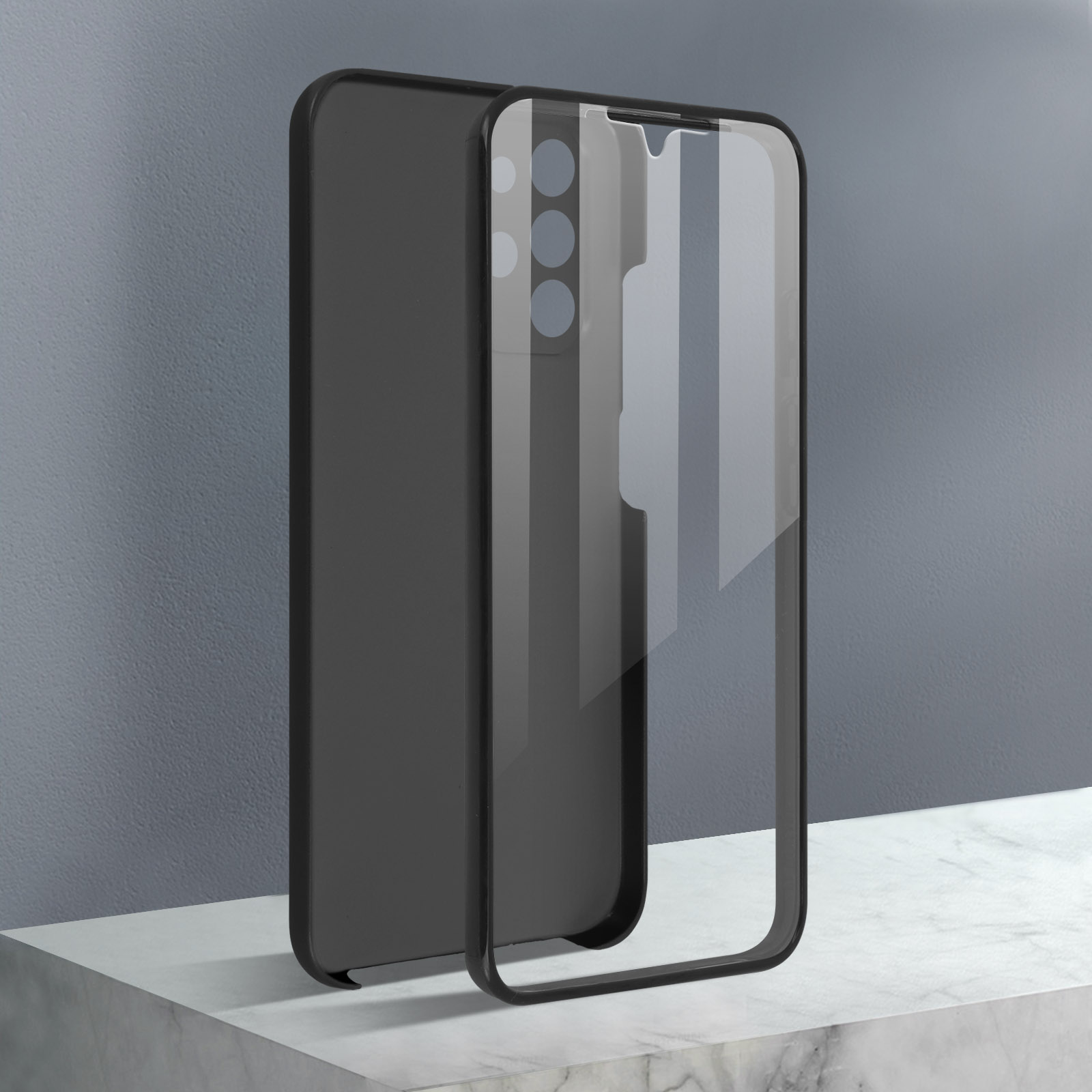Une coque de téléphone avec une face avant transparente, montrant un cadre noir sur marbre.