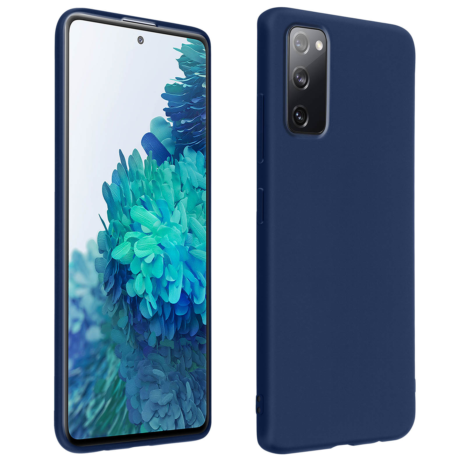 Un telefono blu con custodia blu scuro. Lo schermo mostra un'immagine floreale. La custodia ha una fotocamera.