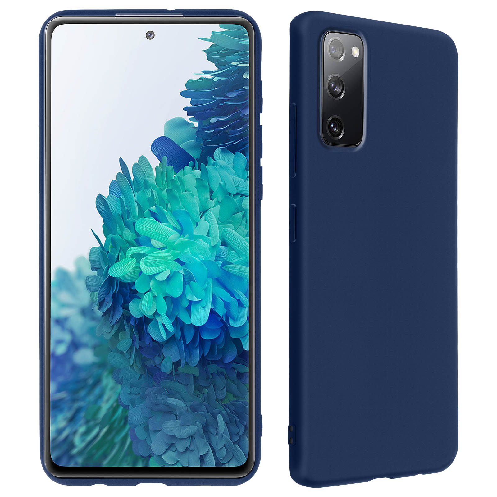Due smartphone, uno con schermo, in una custodia blu. L'altro telefono è blu.