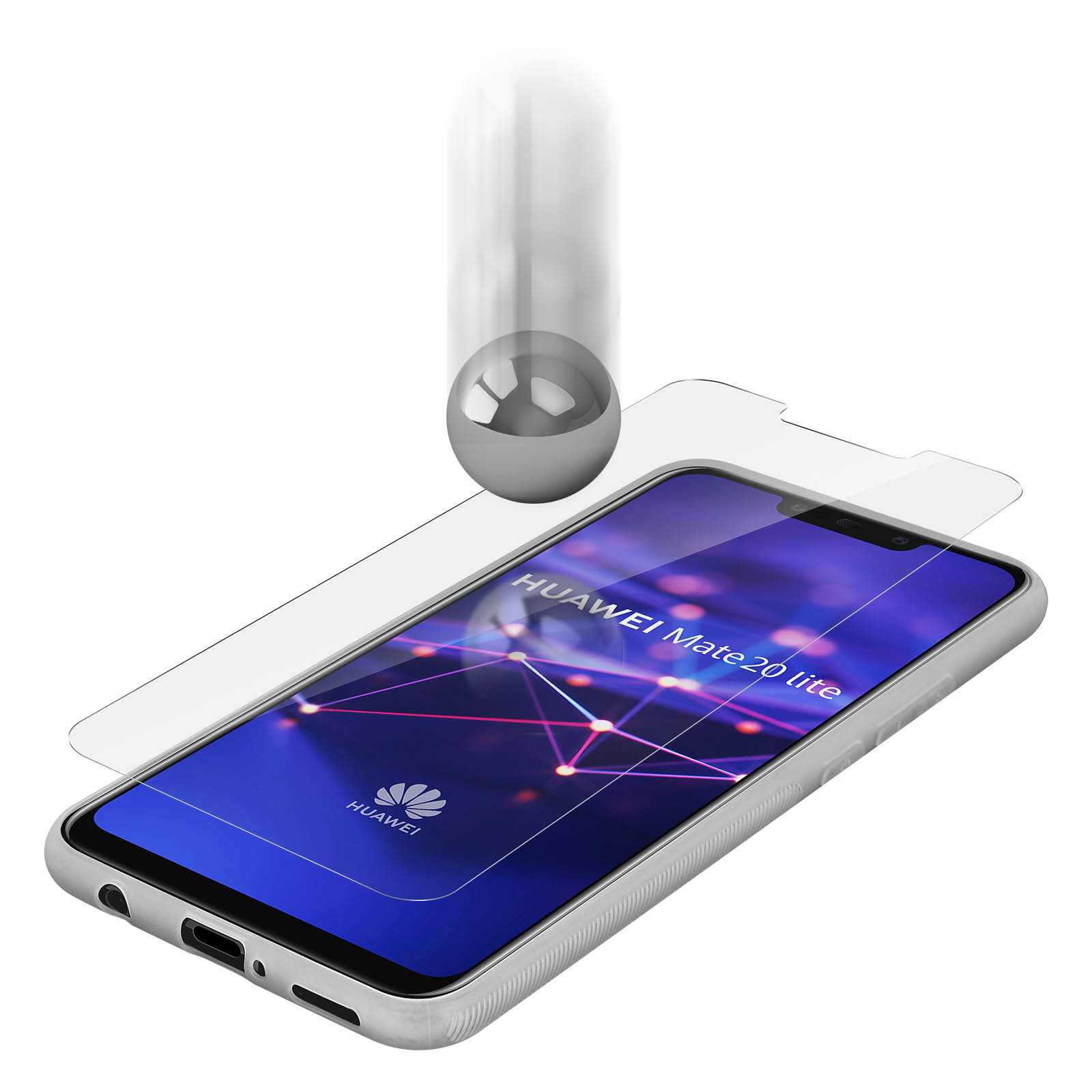 Una palla d'argento che cade su un telefono Huawei con protezione schermo. Mostra la qualità del telefono e della protezione.