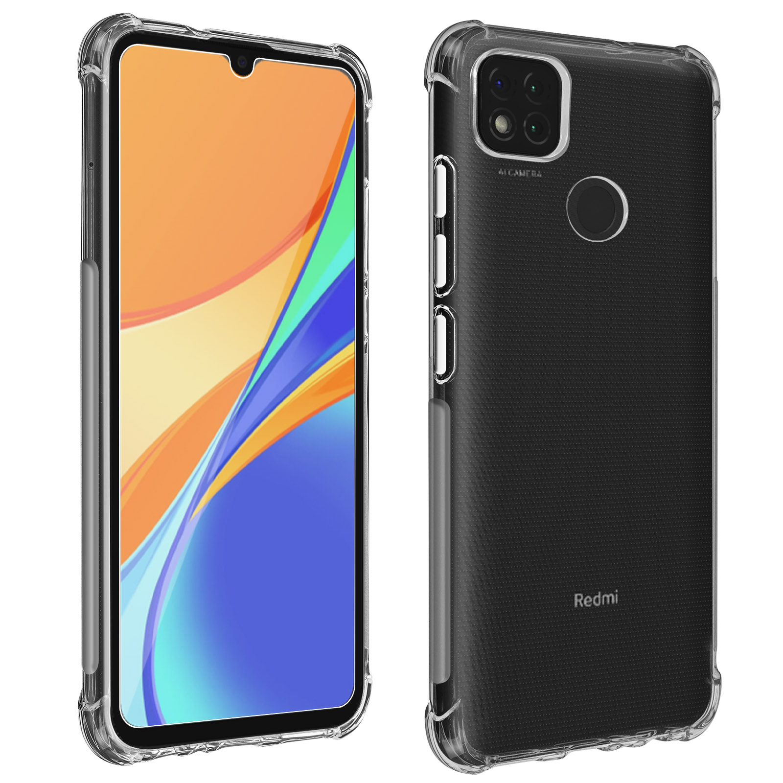 Uno smartphone in una custodia trasparente. La parte posteriore del telefono è visibile, con il logo Redmi.