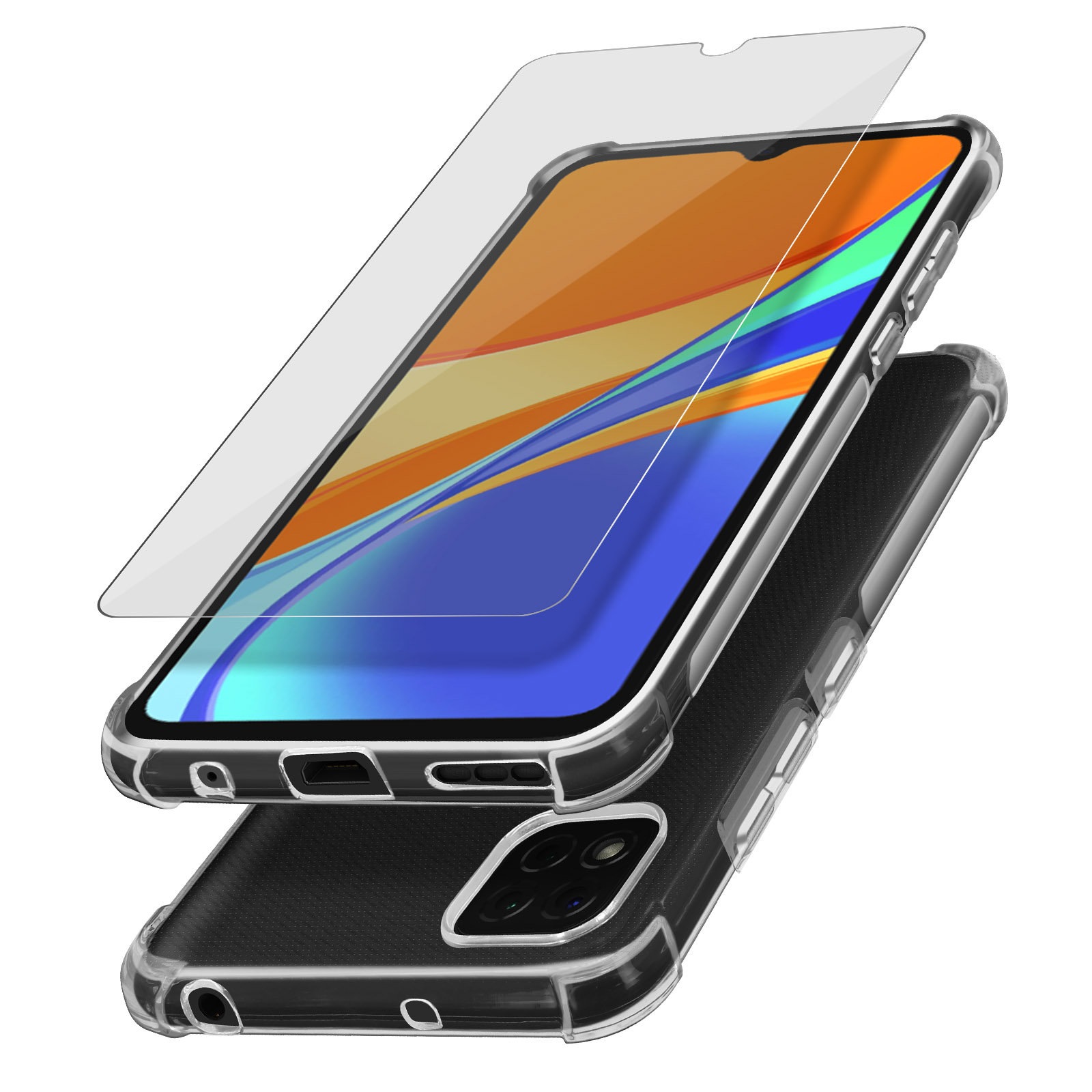 Una custodia per telefono con un telefono all'interno. Il telefono è sopra la custodia e la protezione dello schermo.