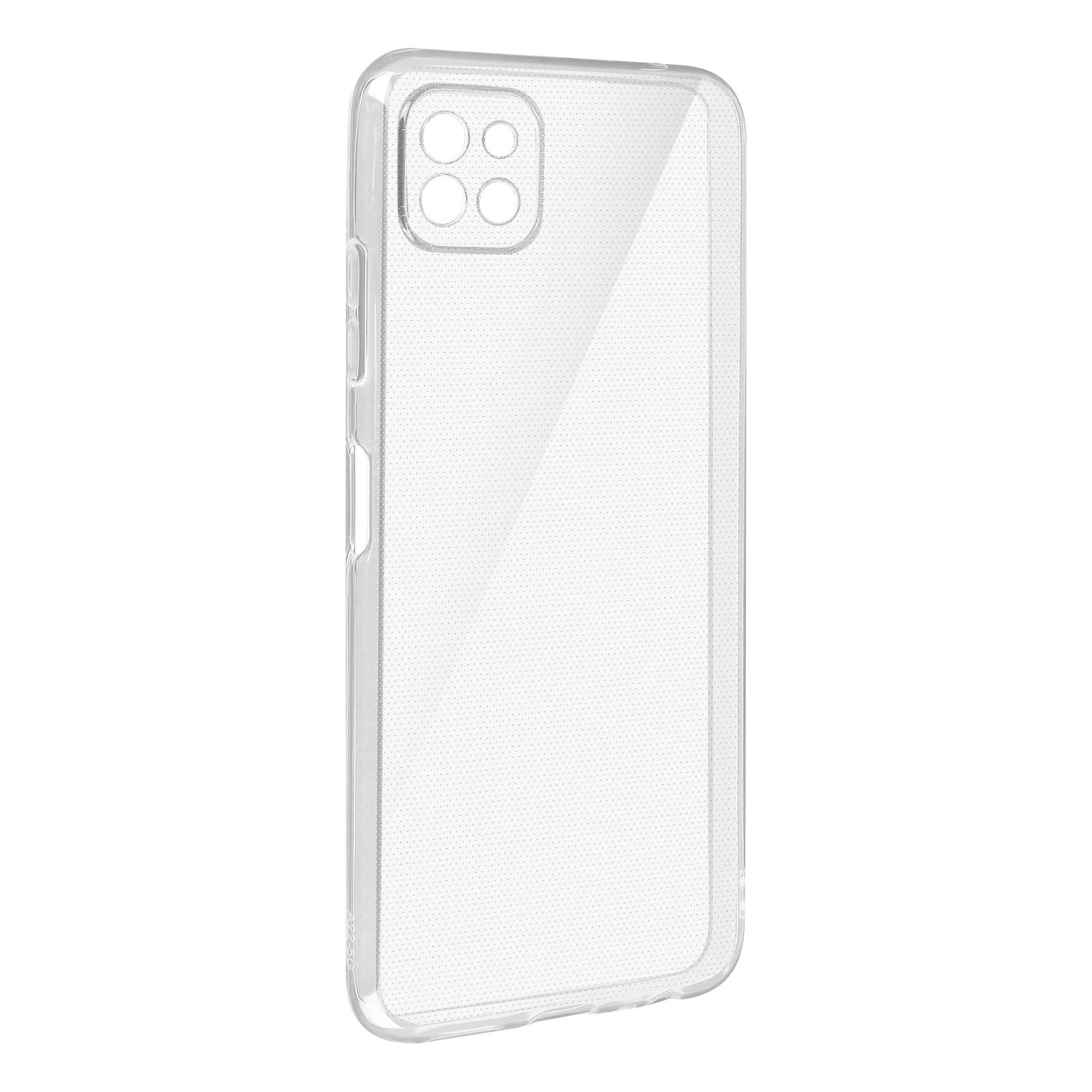 Coque de téléphone transparente avec découpes pour l'appareil photo. Fond blanc.