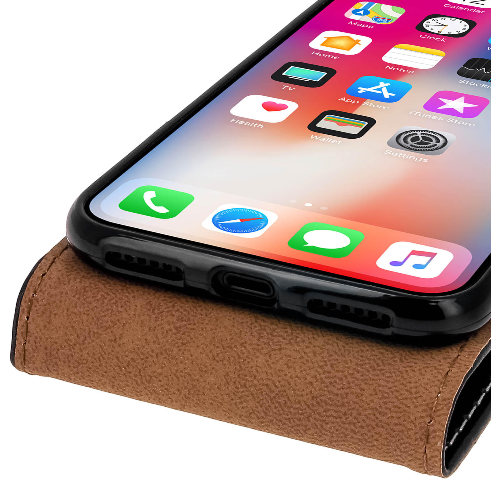 Un primo piano di un telefono con custodia. Lo schermo mostra le icone delle app su una custodia marrone.