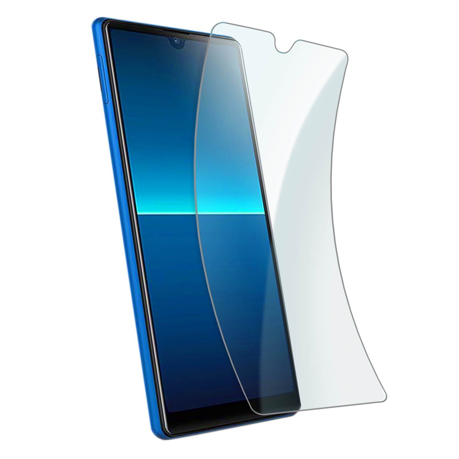 Uno smartphone blu con una protezione per lo schermo. Il telefono è angolato, con la protezione che copre parzialmente lo schermo.