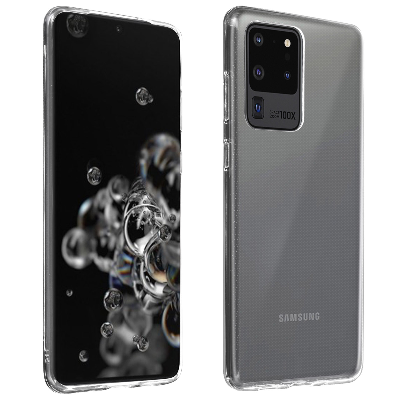Smartphone nero in custodia con schermo trasparente, custodia trasparente su bianco.