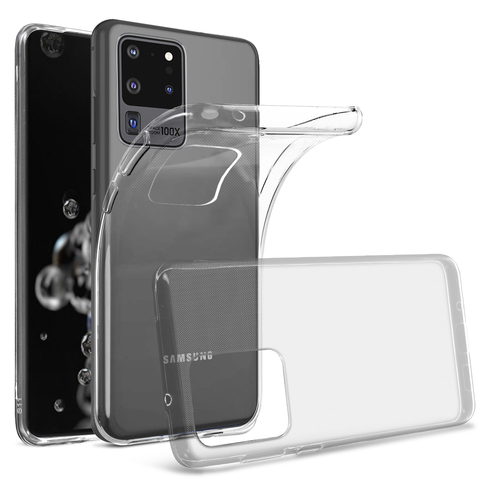 Tre telefoni: uno con custodia, uno in custodia, uno senza custodia, su bianco.