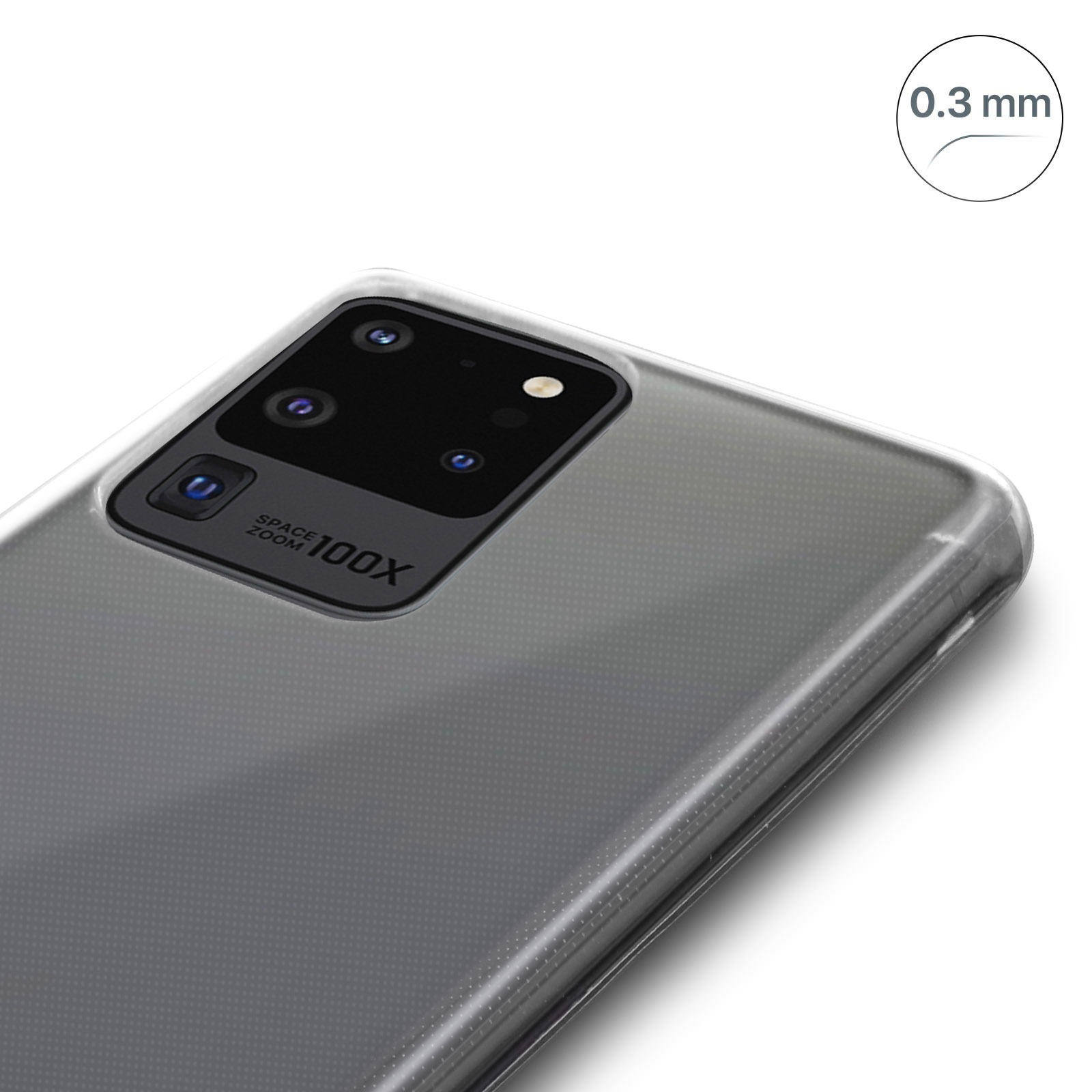 Custodia per telefono con telefono, primo piano. Custodia trasparente. Il telefono ha più fotocamere.
