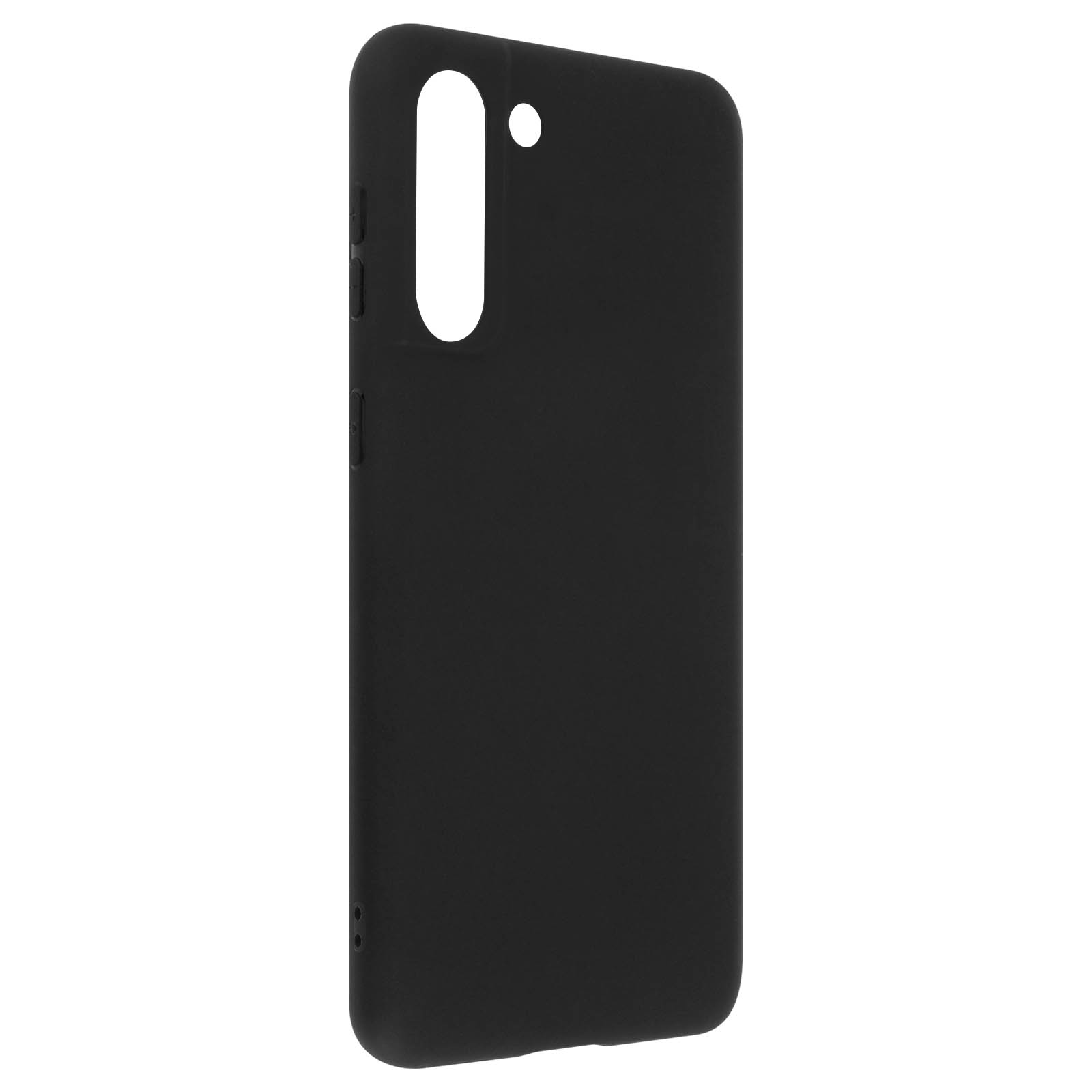 Una custodia per telefono nera, con un ritaglio per la fotocamera e pulsanti laterali.