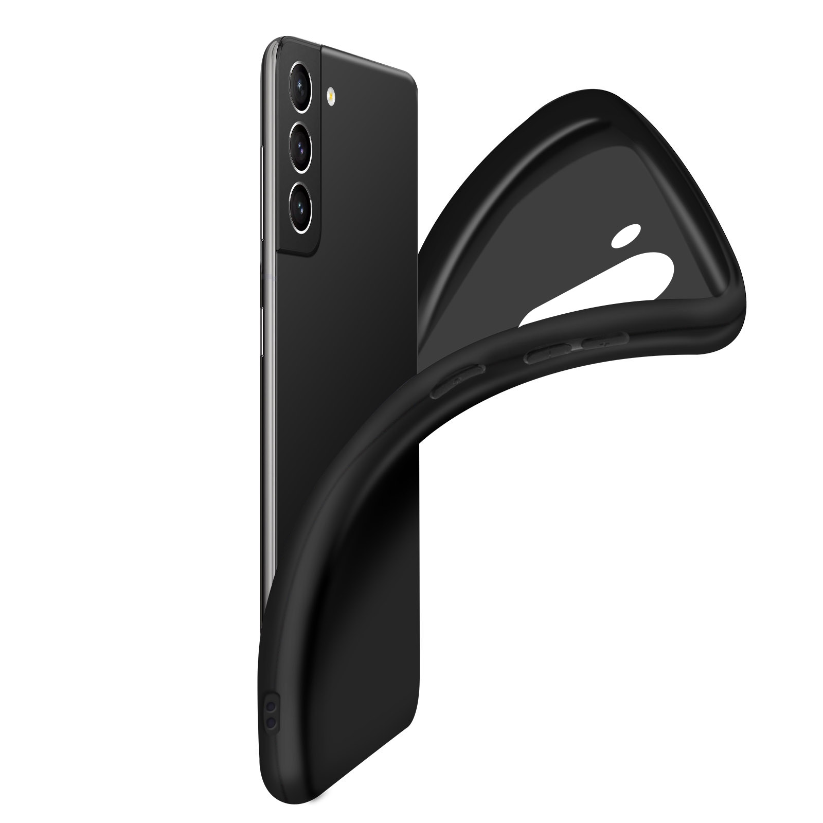 Una custodia per smartphone nera con un bordo curvo. Viene mostrata davanti a un telefono nero.
