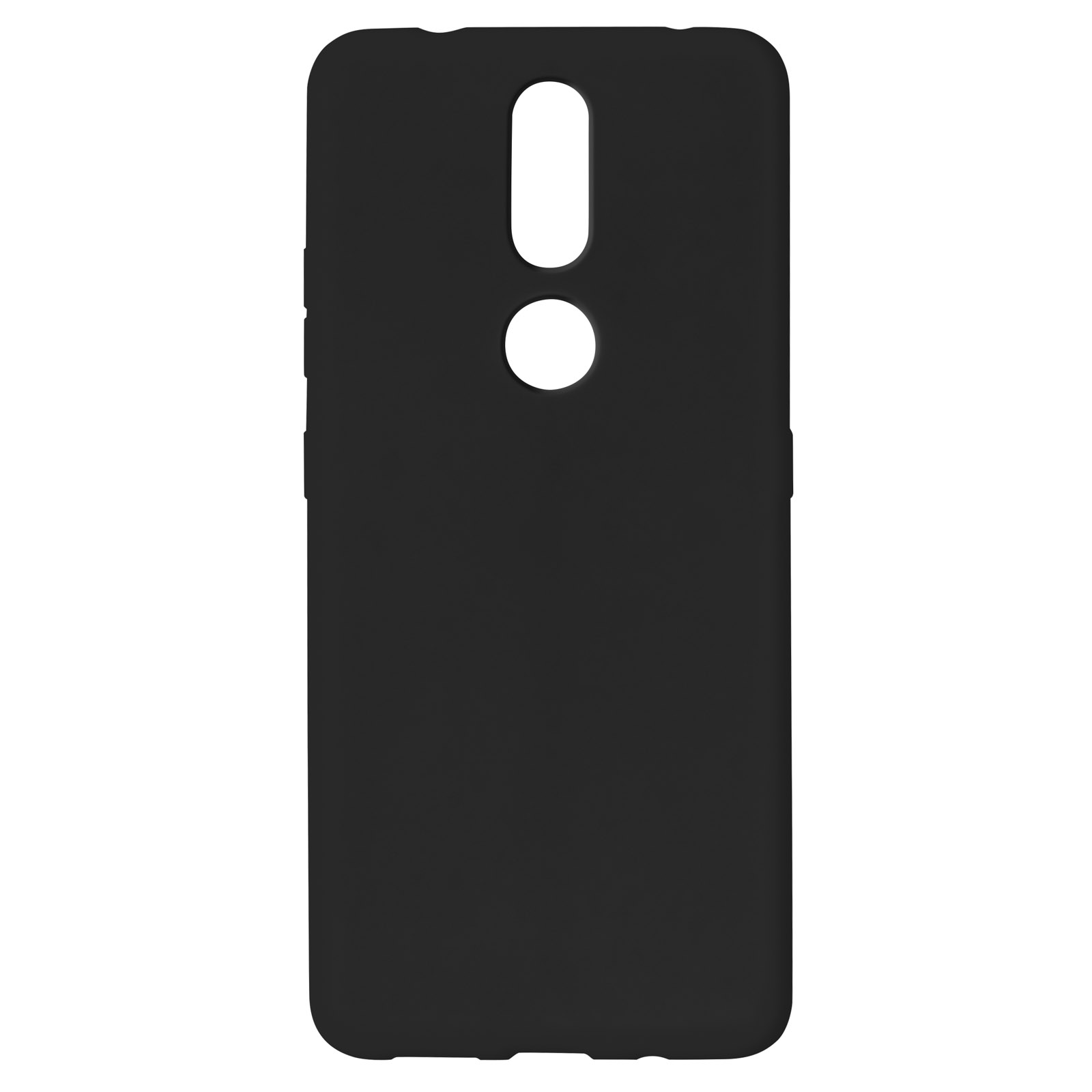 Custodia per telefono nera. Ha ritagli per fotocamera, flash e pulsanti. La custodia è liscia.