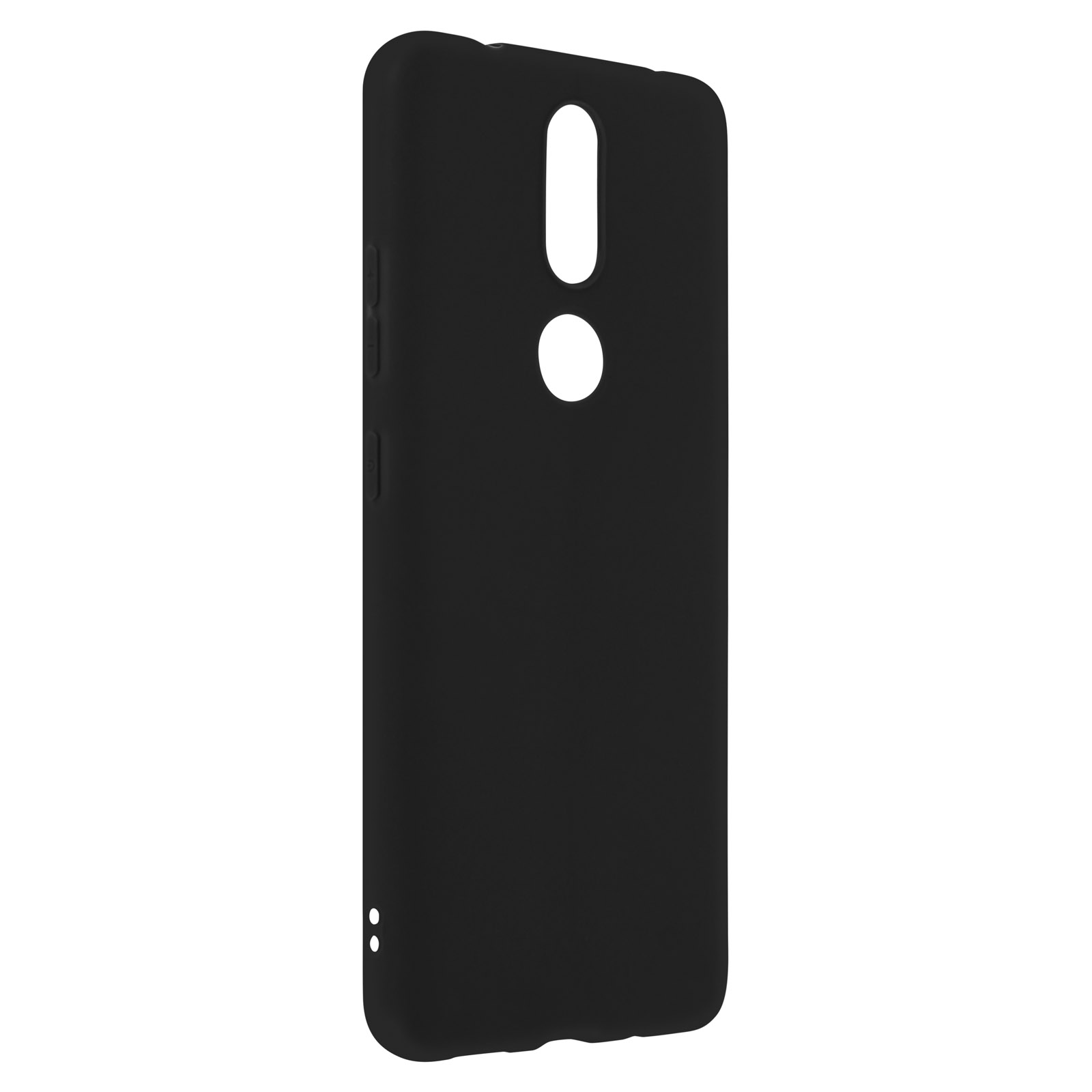 Custodia nera per telefono con foro per fotocamera e sensore di impronte digitali.