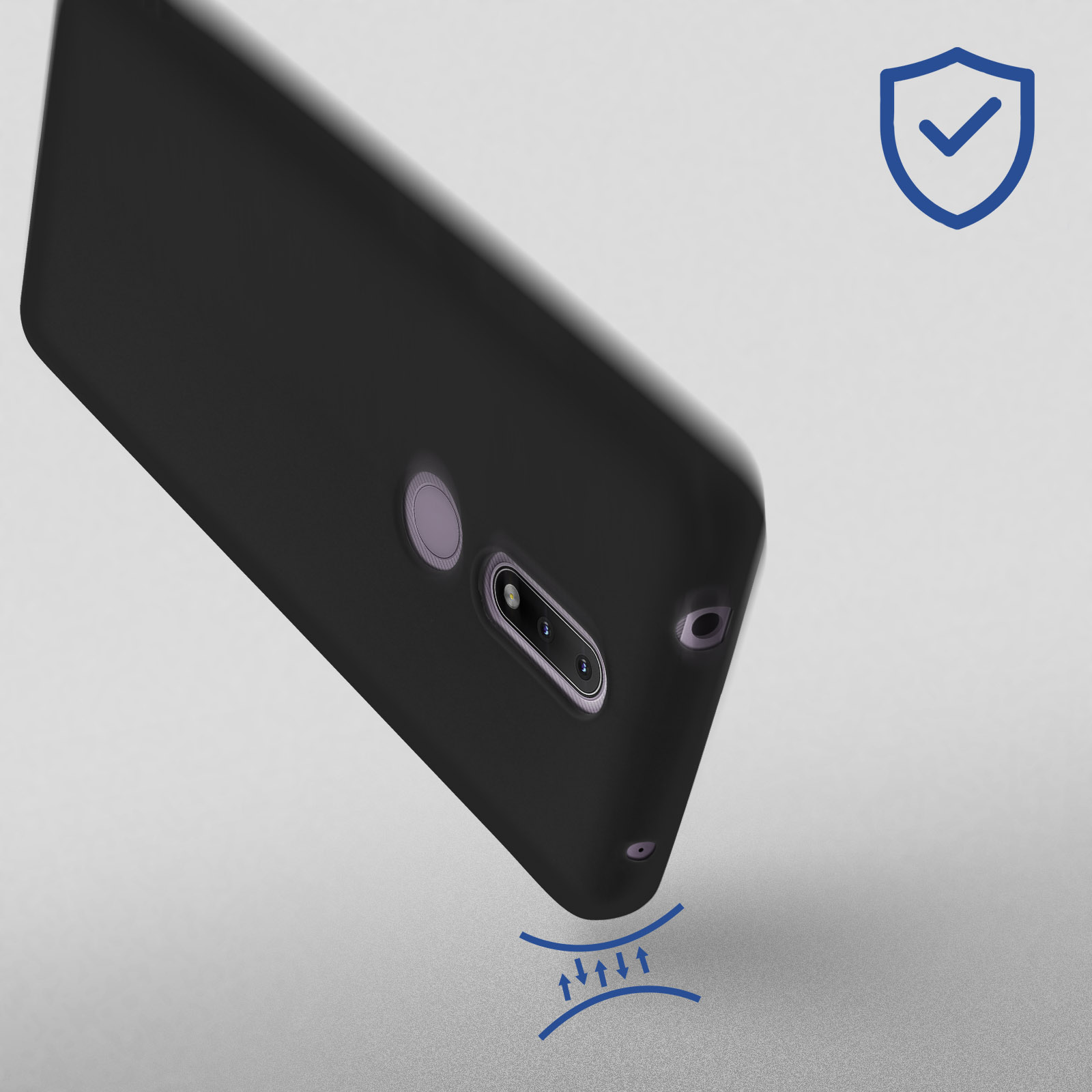 Una custodia nera per telefono con fotocamera e flash su una superficie chiara. Un segno di spunta blu sullo sfondo.