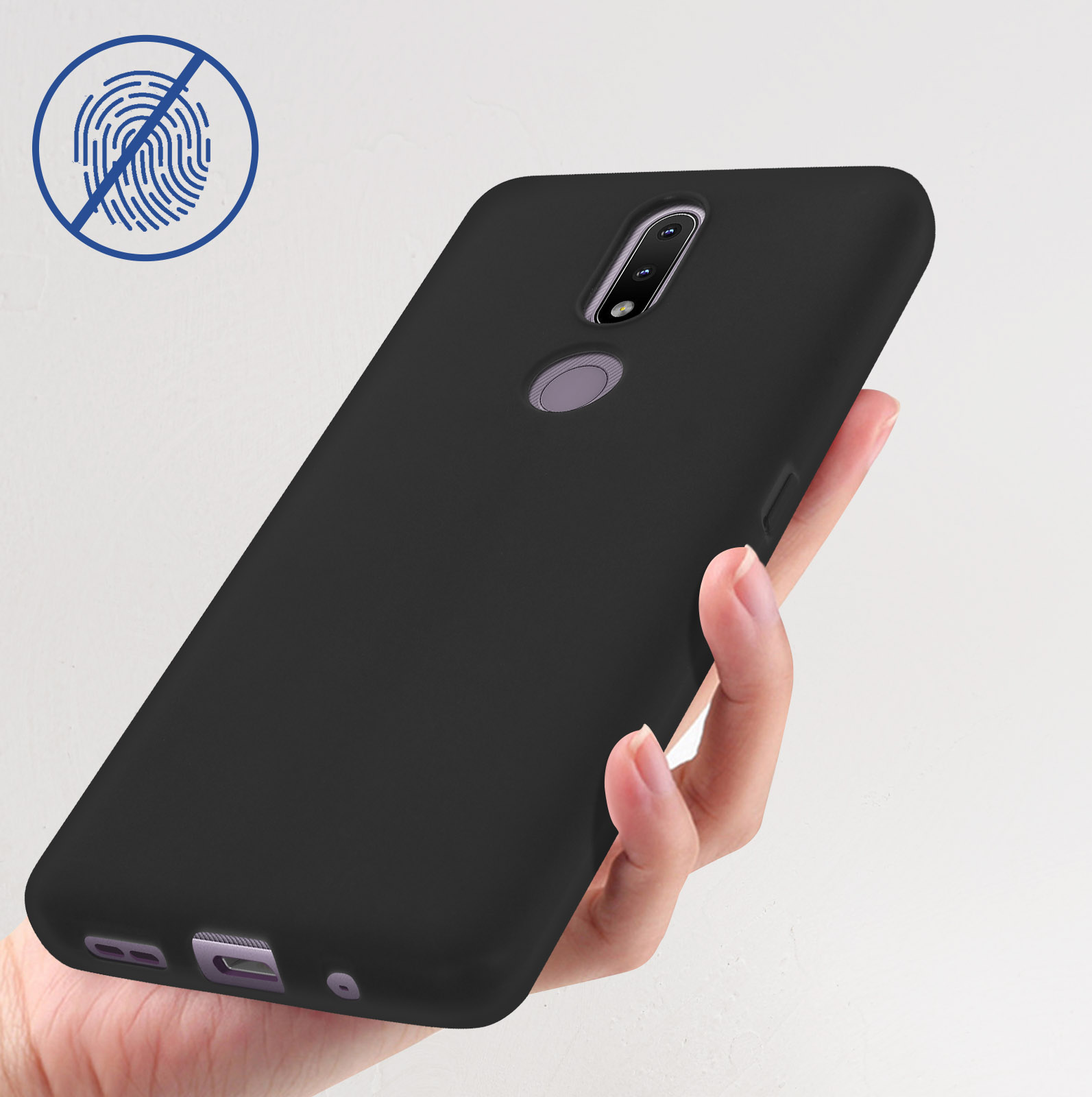 Una custodia nera per telefono tenuta in mano, che mostra un design resistente alle impronte digitali. Sfondo bianco.