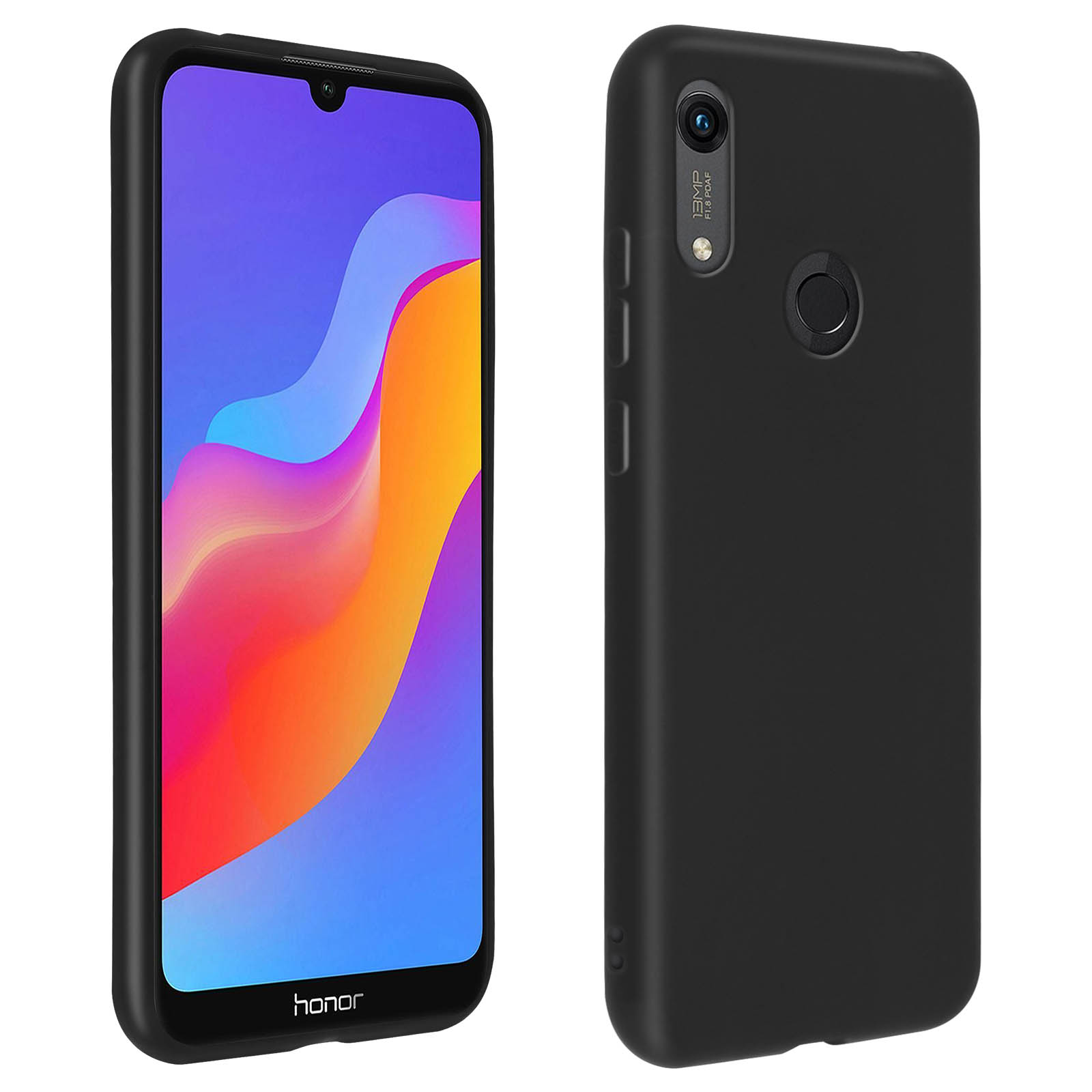 Smartphone nero con custodia, vista frontale e posteriore.